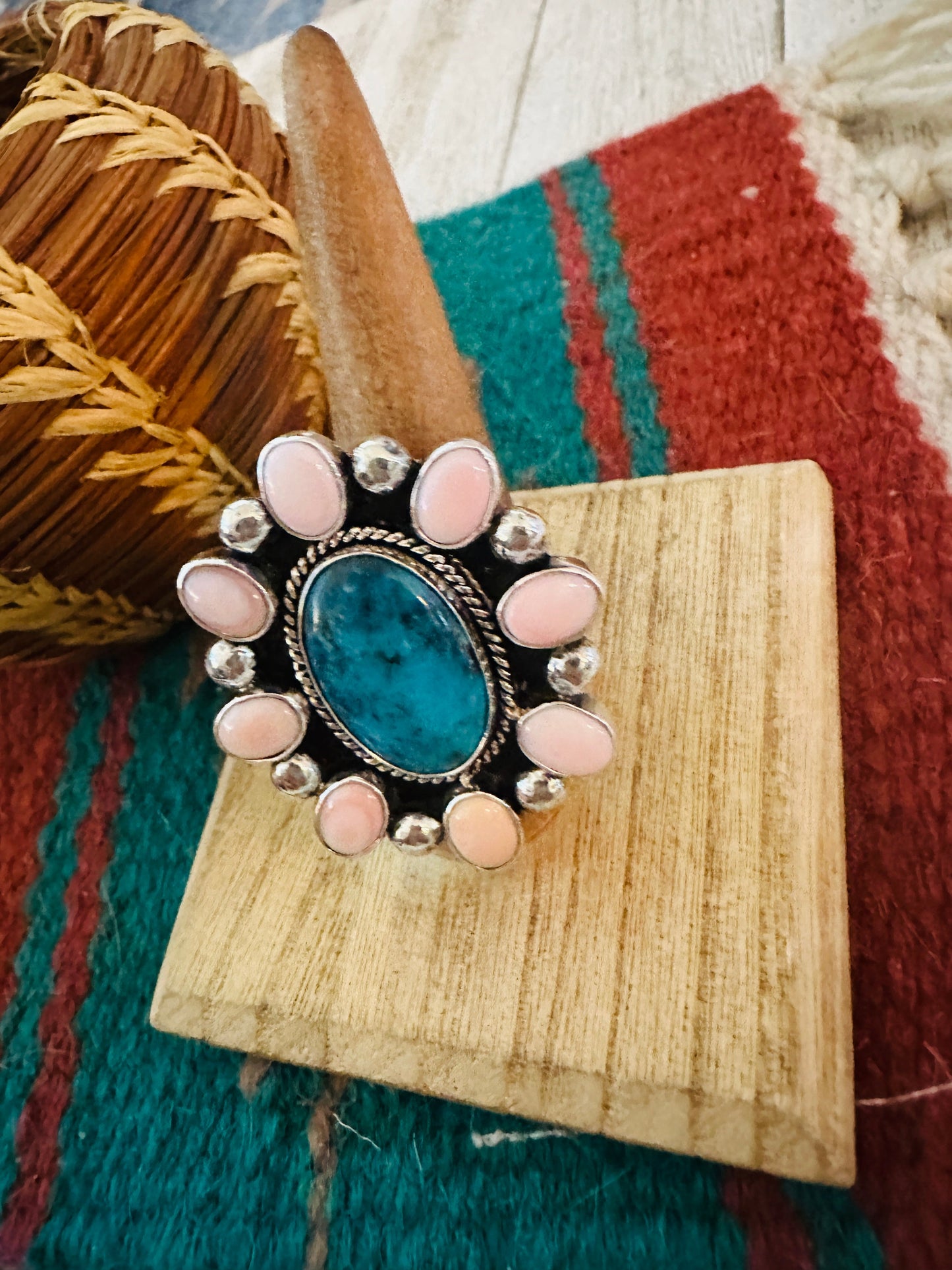 Navajo Sterling Silver, Queen Pink Conch & Turquoise Cluster Adjustable Ring