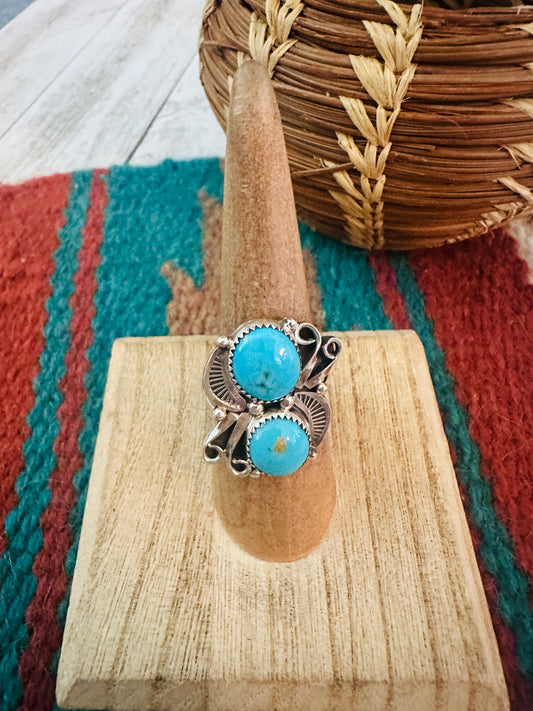 Navajo Turquoise & Sterling Silver Two Stone Ring Size 7.5