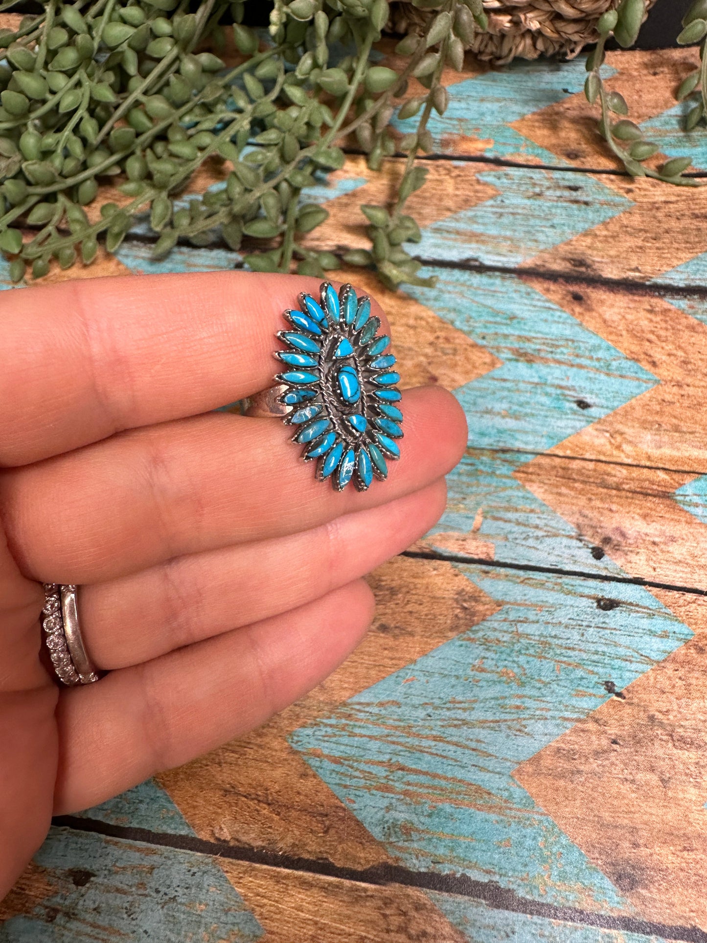 Handmade Sterling Silver & Needlepoint Turquoise Adjustable Ring