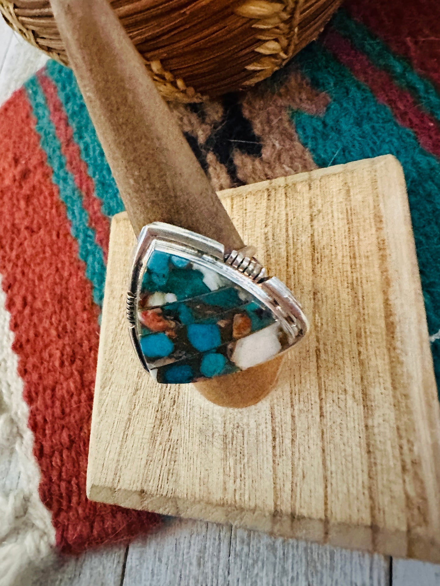 Navajo Spice & Sterling Silver Inlay Ring Size 9