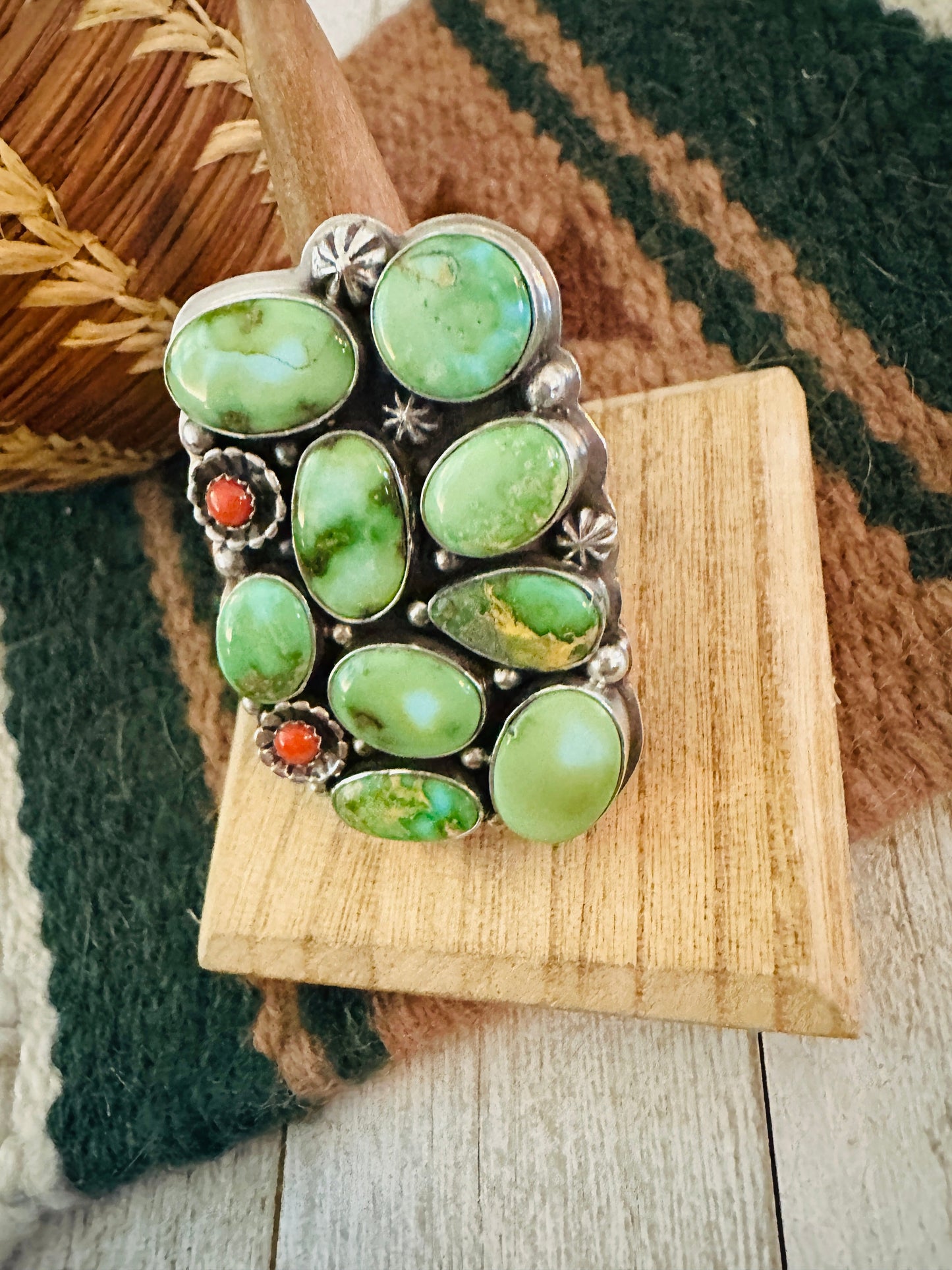 Navajo Carico Lake Turquoise, Coral & Sterling Silver Adjustable Cluster Ring