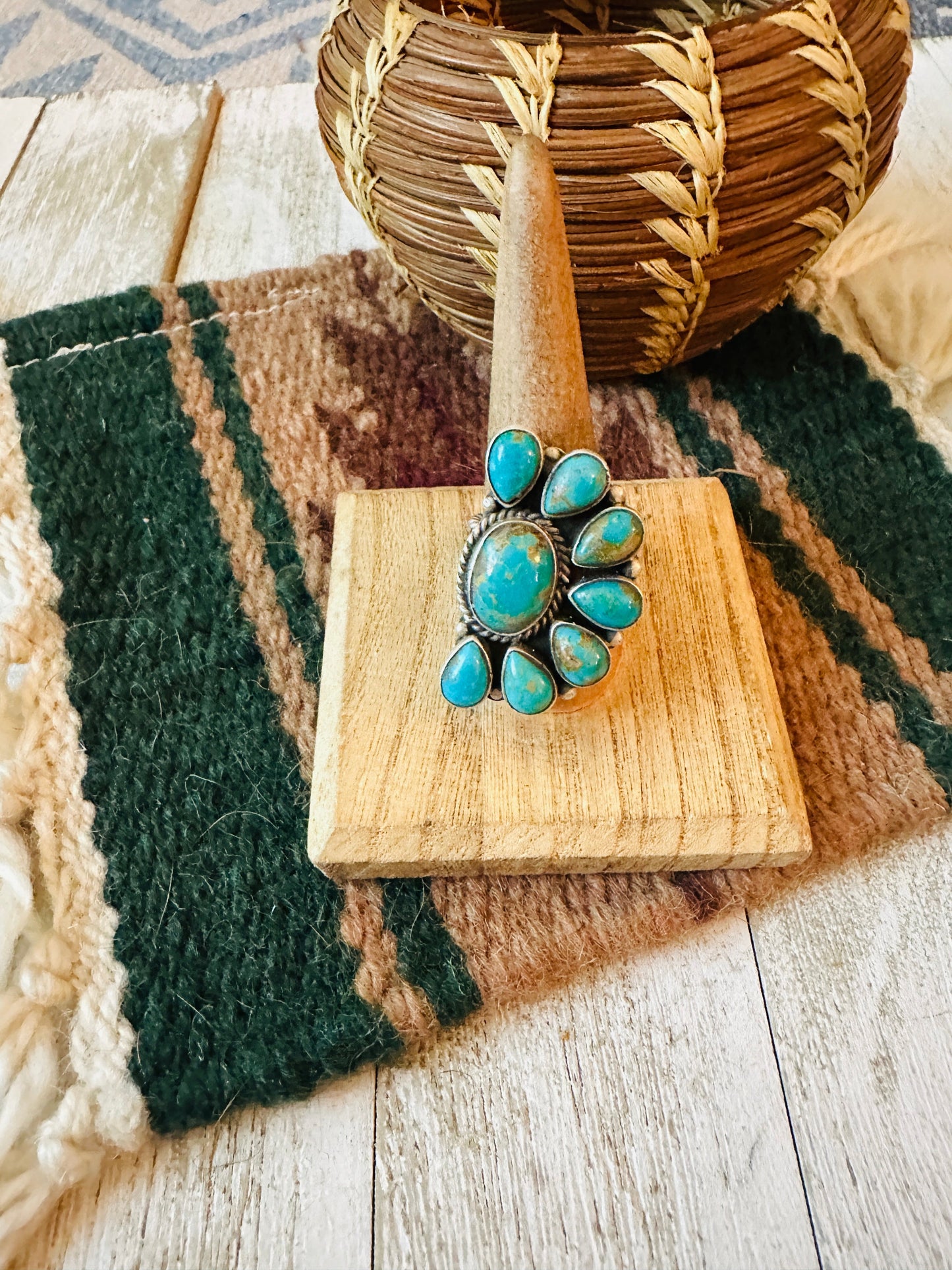 Navajo Turquoise & Sterling Silver Cluster Adjustable Ring