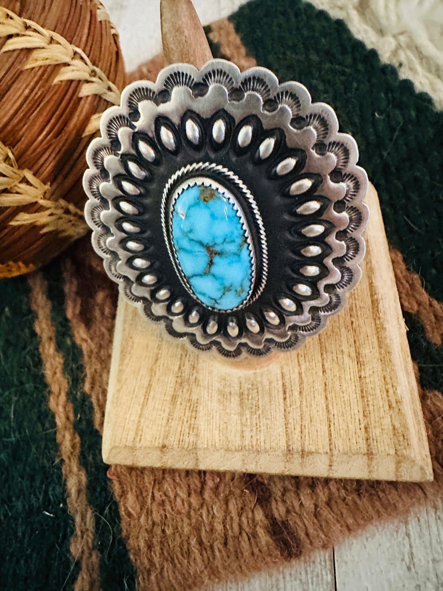 Navajo Turquoise & Sterling Silver Adjustable Concho Ring by Leander Tahe