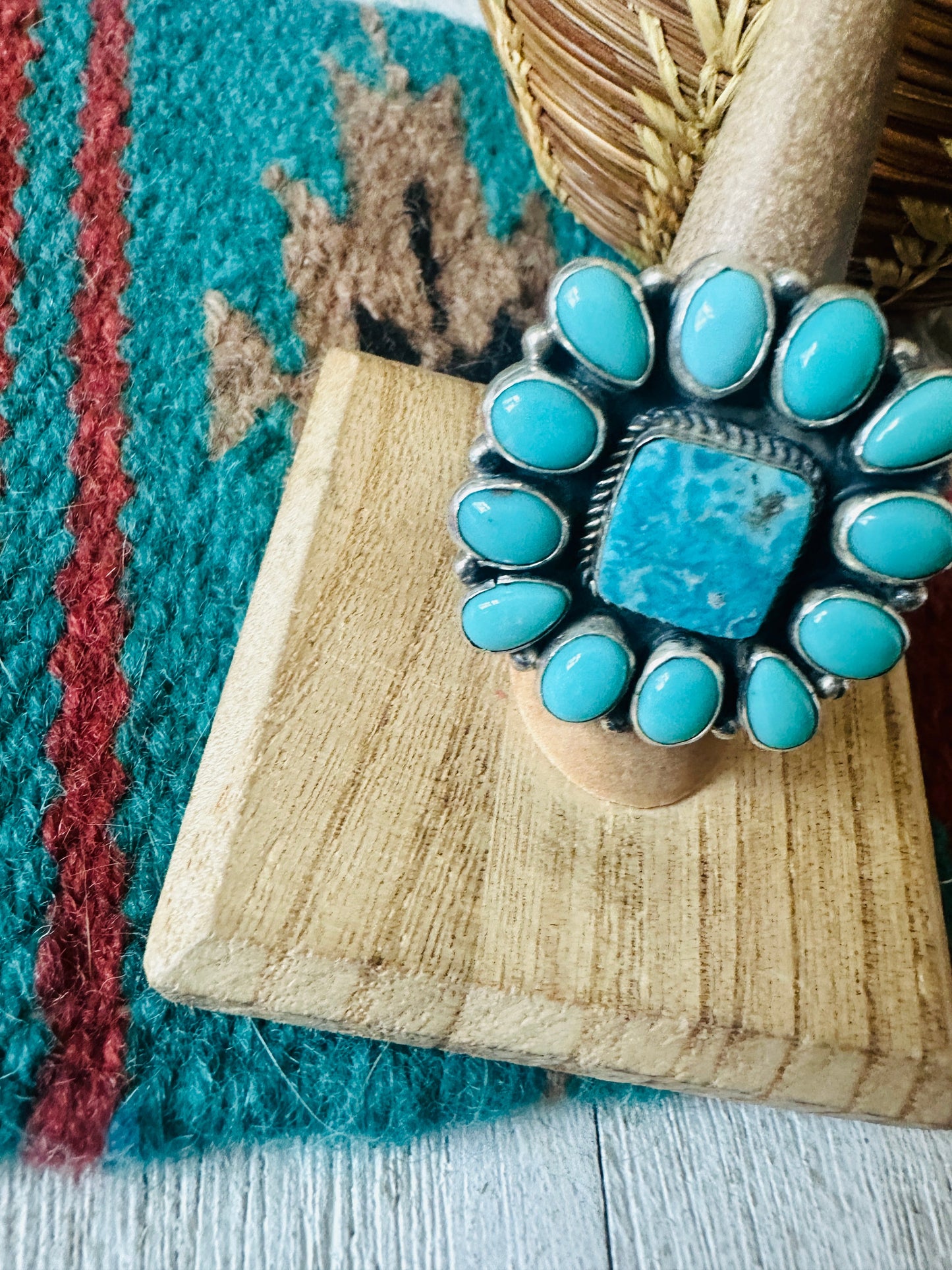 Navajo Turquoise & Sterling Silver Cluster Ring Size 7.5