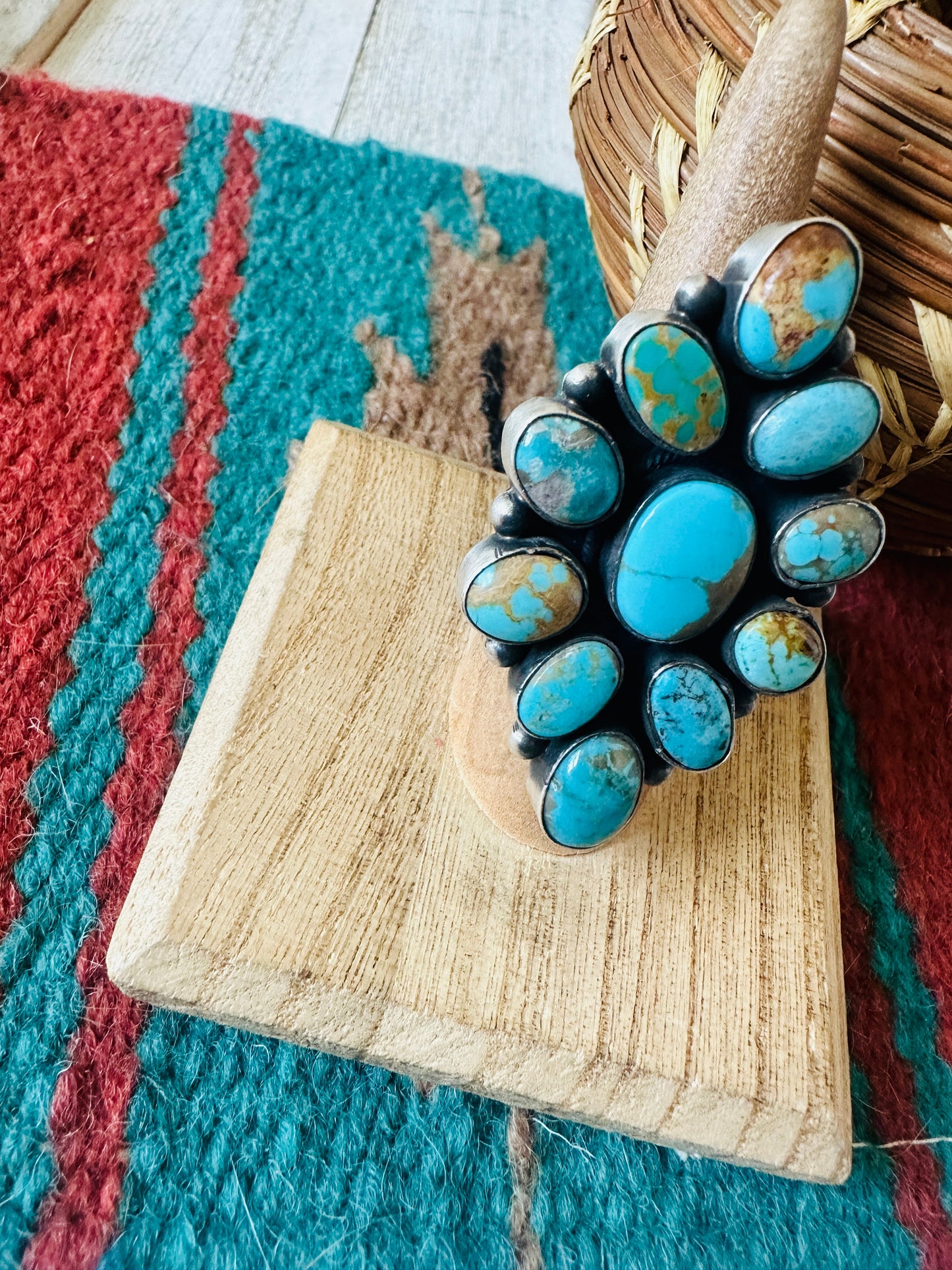 Navajo Turquoise & Sterling Silver Cluster Ring Size 6.5