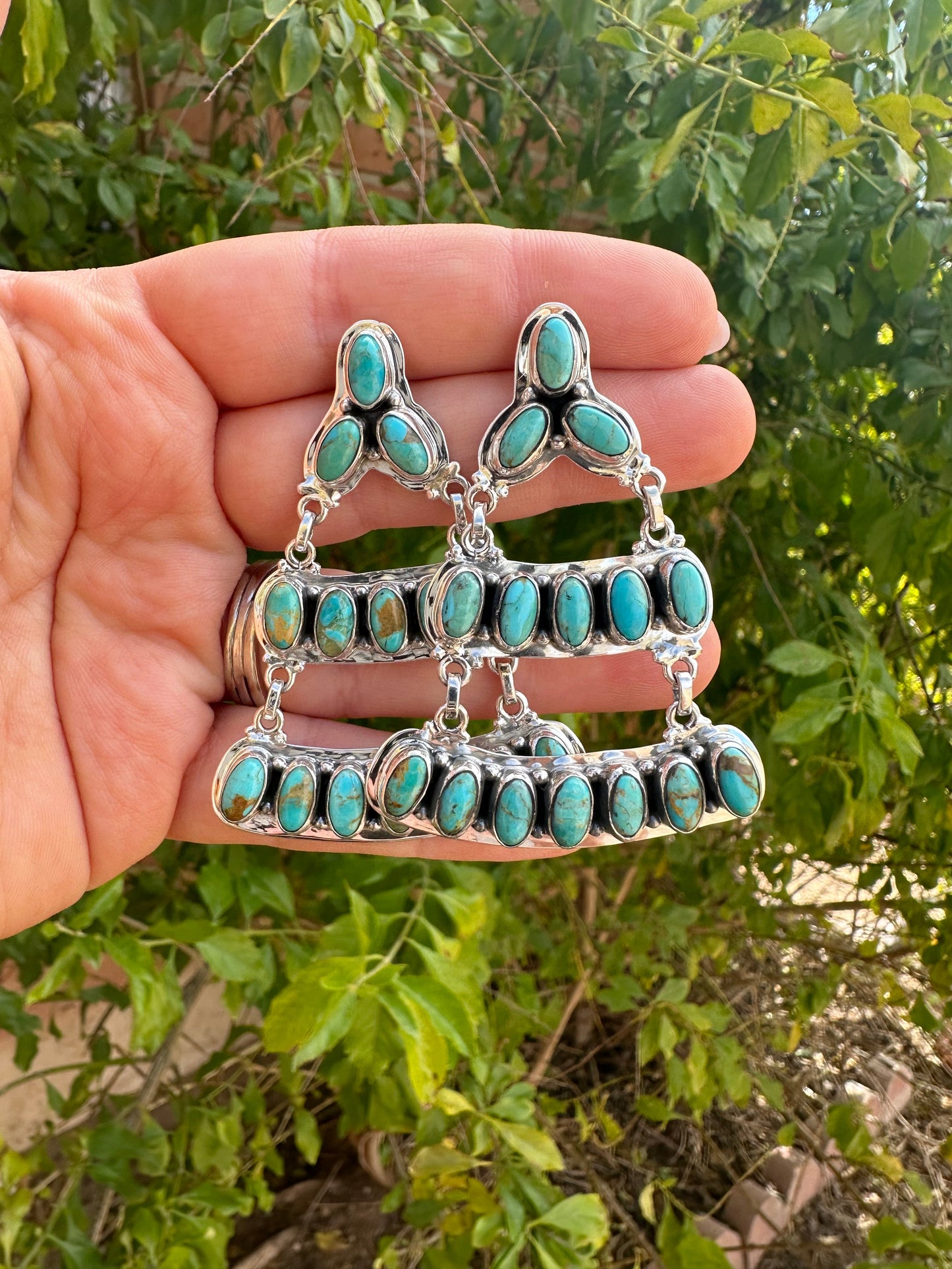 “Rodeo Roundup” Handmade Turquoise And Sterling Silver Dangle Earrings Signed Nizhoni