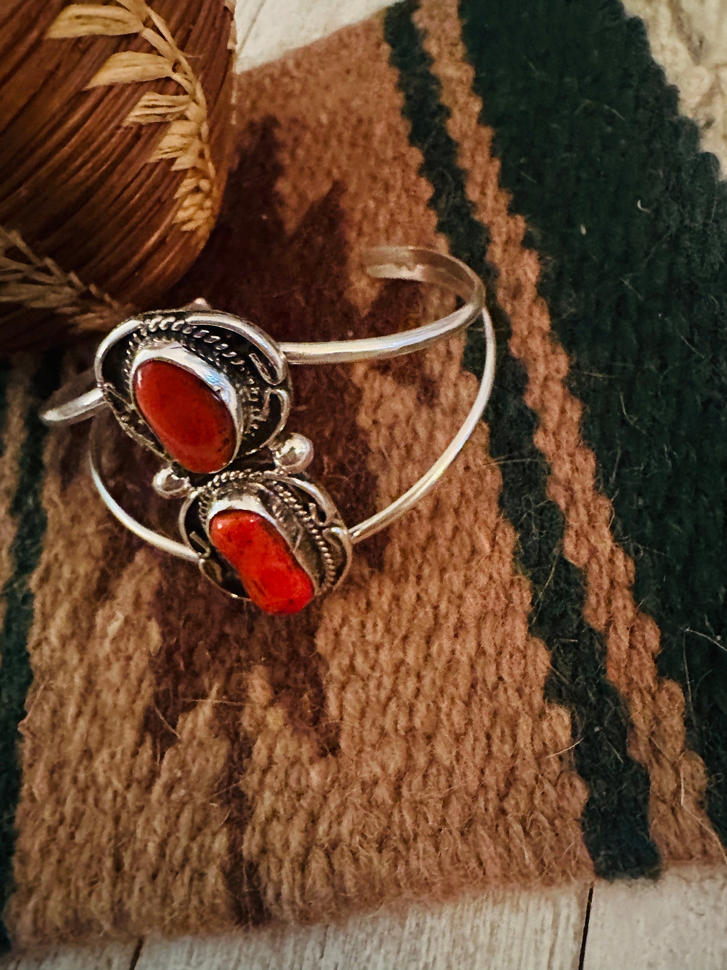 Old Pawn Navajo Sterling Silver & Coral Cuff Bracelet