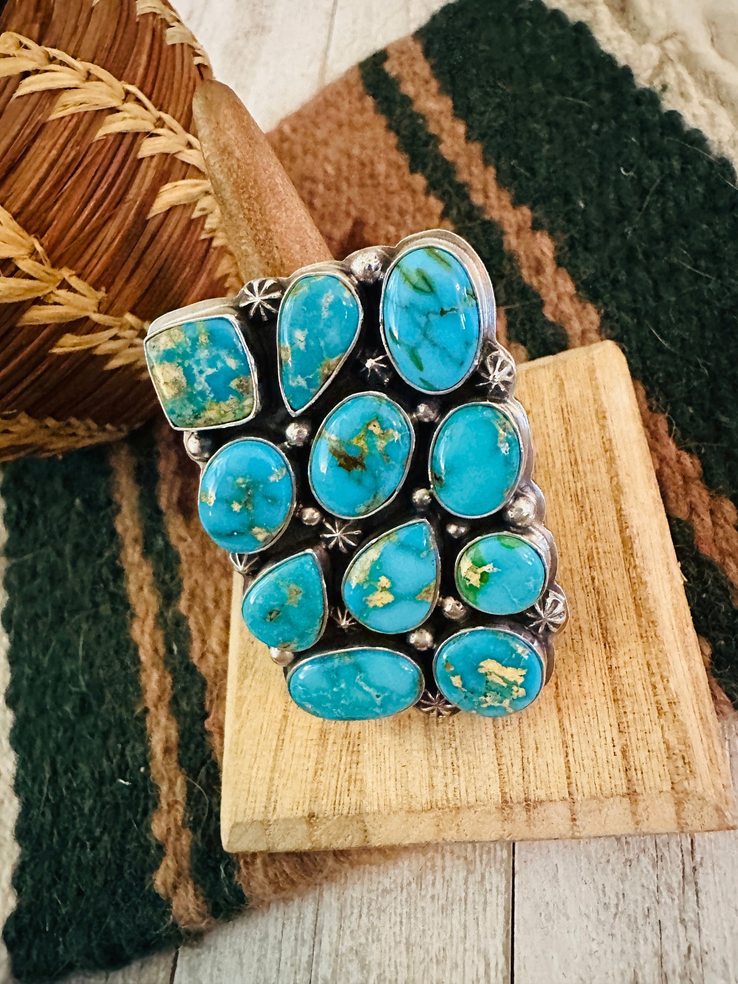 Navajo Sonoran Mountain Turquoise & Sterling Silver Adjustable Cluster Ring