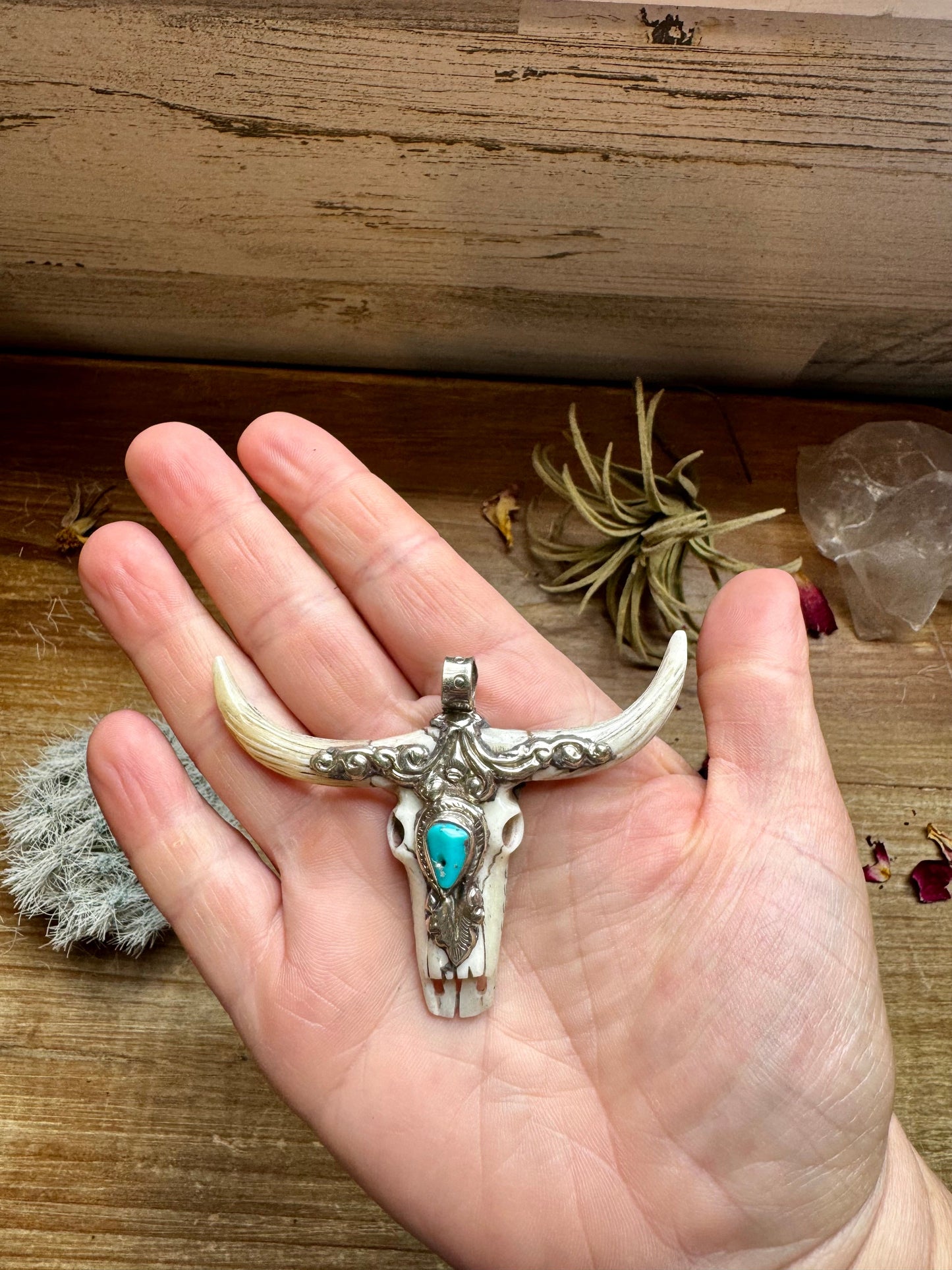 Antler longhorn with  turquoise pendant