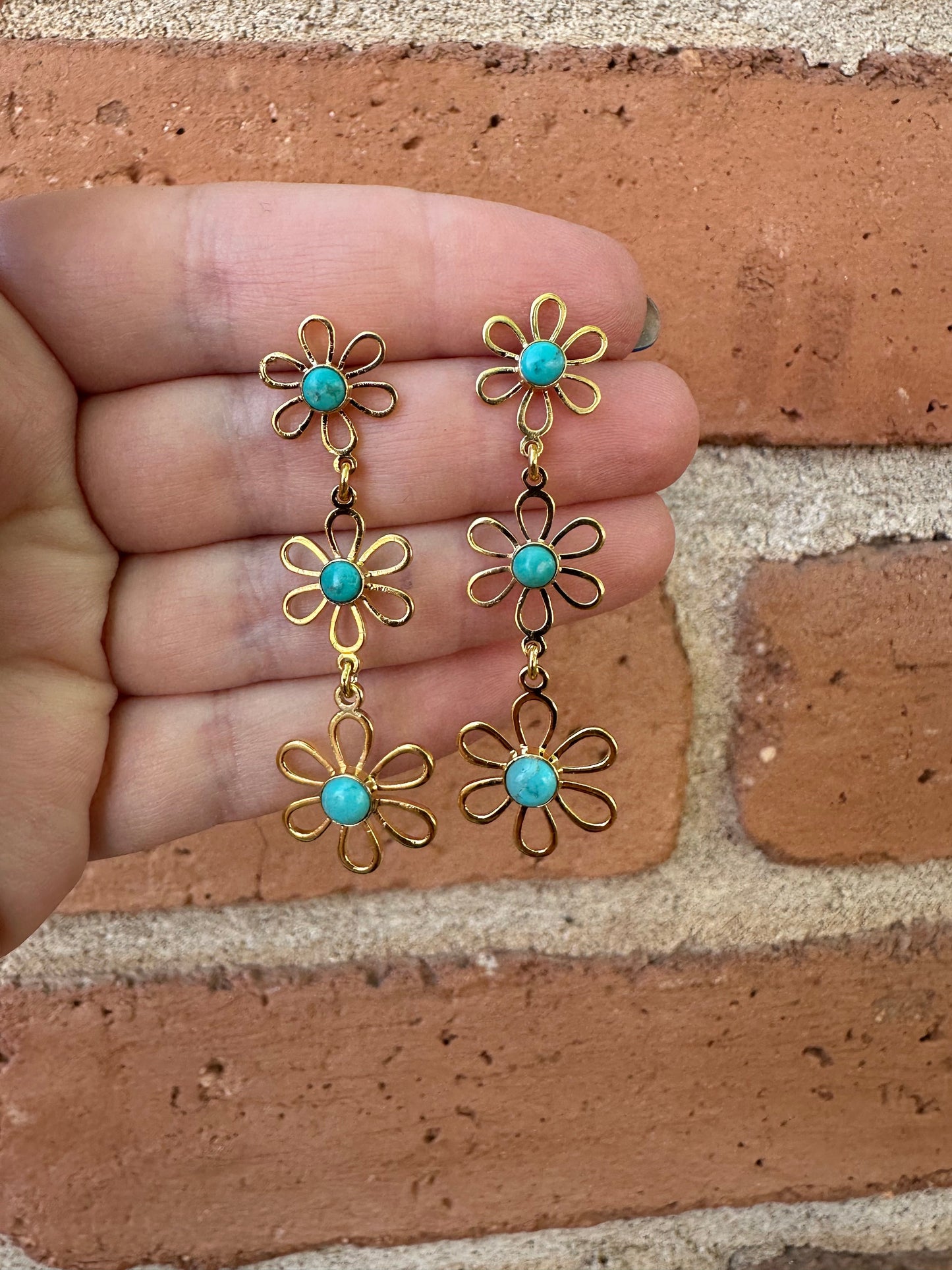 “The Golden Collection” Natural Turquoise Daisy 3 Stone Handmade 14k Gold Plated Earrings