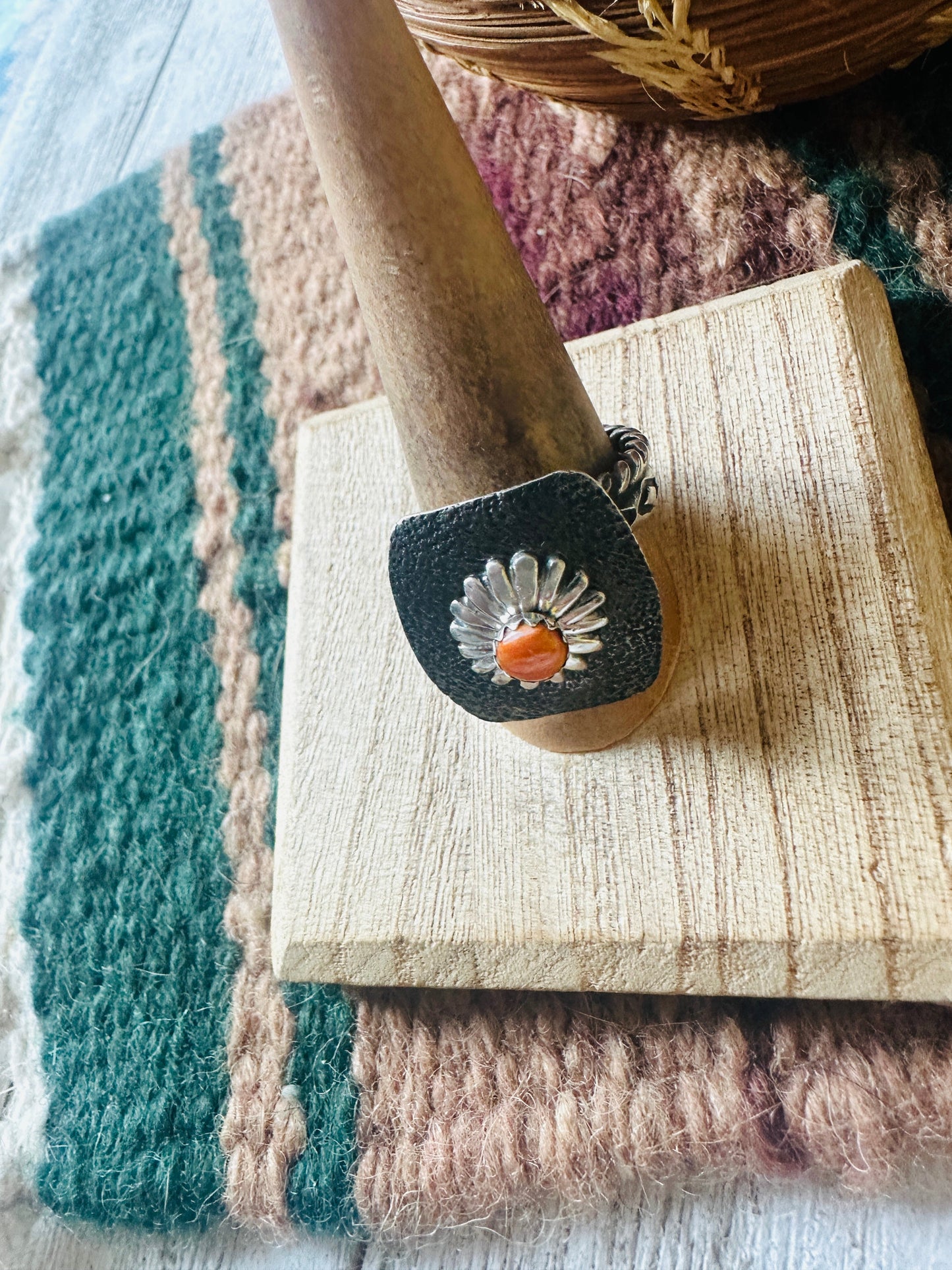 Navajo Sterling Silver & Orange Spiny Concho Adjustable Ring