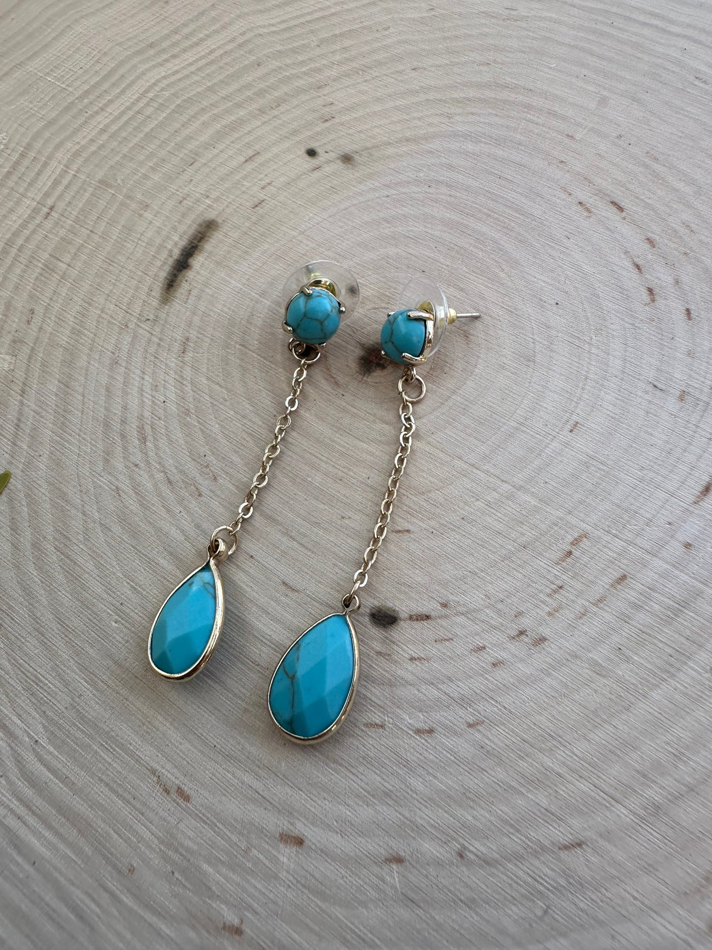 “The Golden Collection” Simple Double Stone Handmade Turquoise Beaded & 14k Gold Plated Earrings