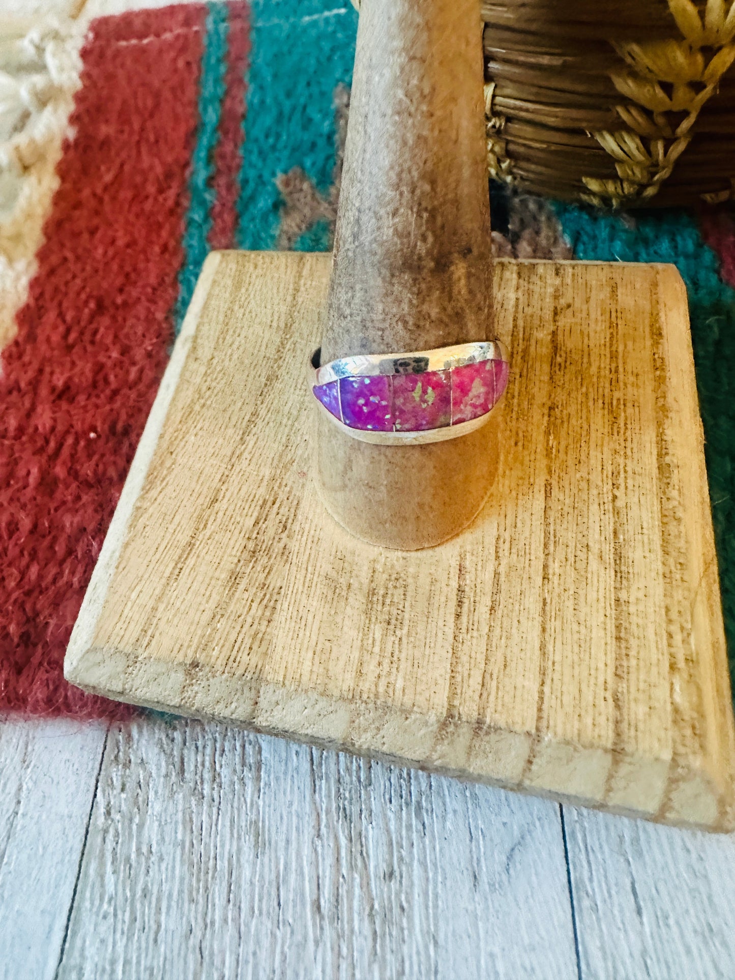 Navajo Sterling Silver & Pink Opal Inlay Band Ring