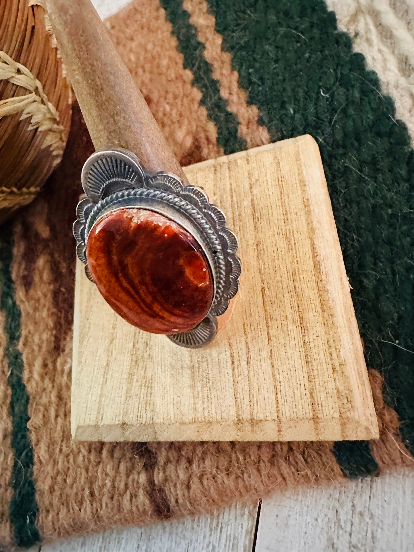 Navajo Orange Spiny & Sterling Silver Ring Size 8.5