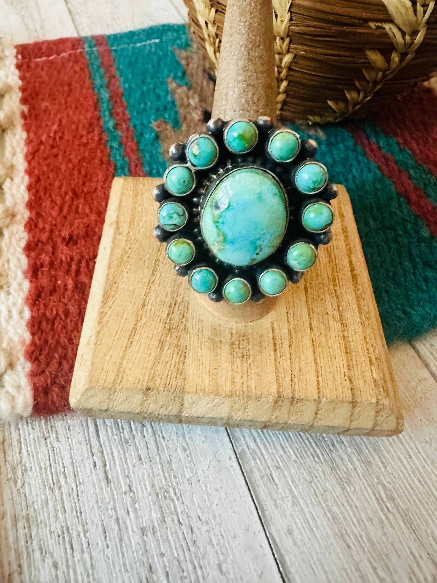 Navajo Turquoise & Sterling Silver Cluster Ring Size 8