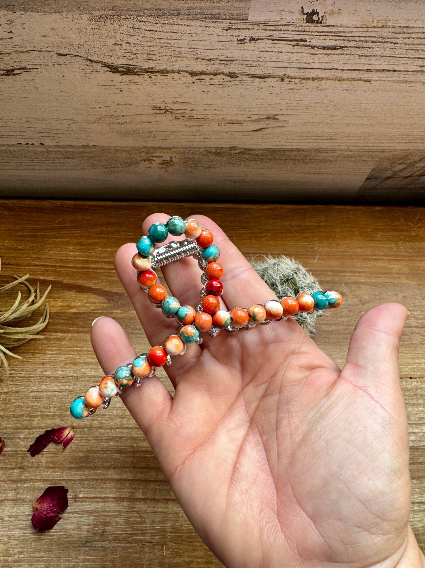 Orange and Turquoise magnesite beads Hair Clips