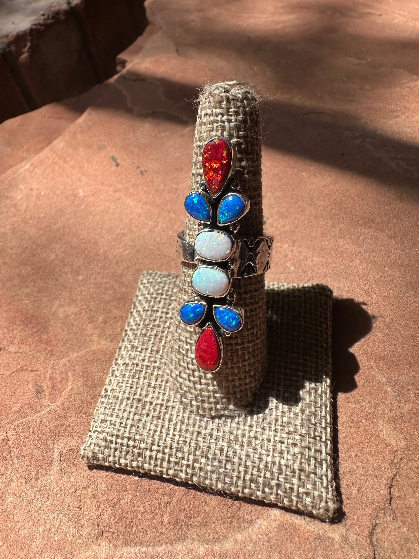 4TH OF JULY COLLECTION Handmade Red, White & Blue Fire Opal & Sterling Silver Adjustable Ring Signed Nizhoni