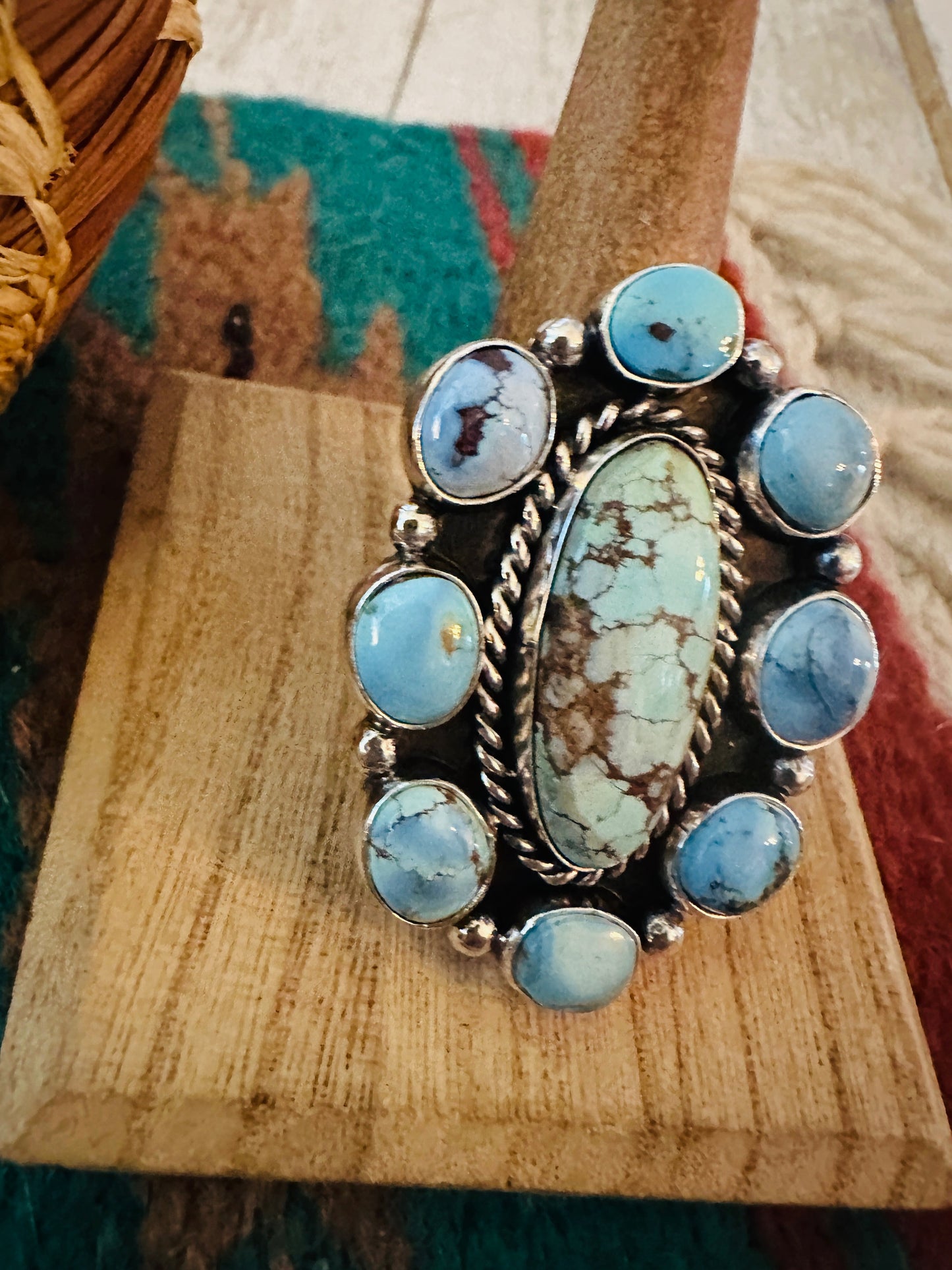 Navajo Sterling Silver & Golden Hills Turquoise Cluster Adjustable Ring