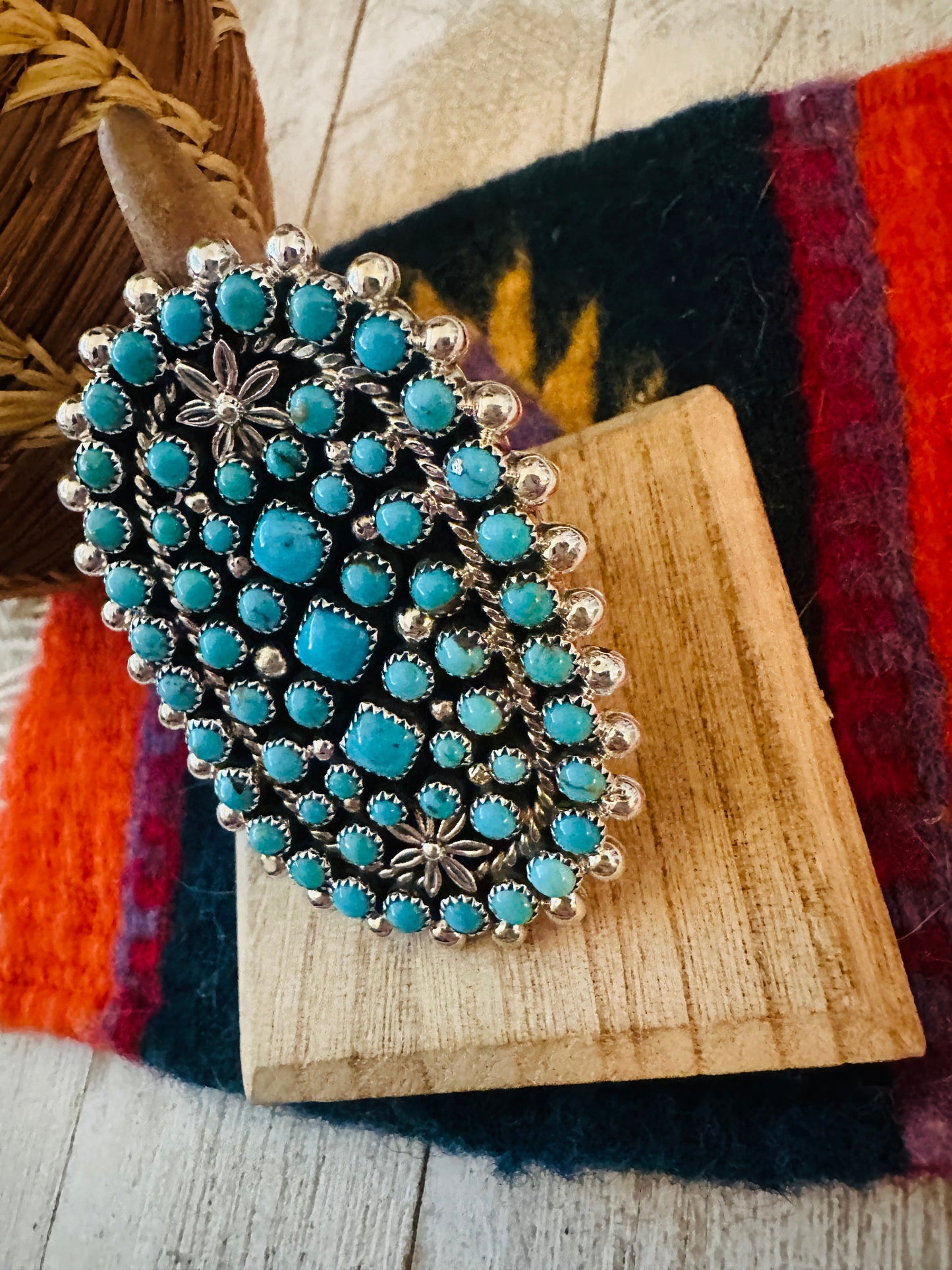 Navajo Sterling Silver & Turquoise Cluster Adjustable Ring