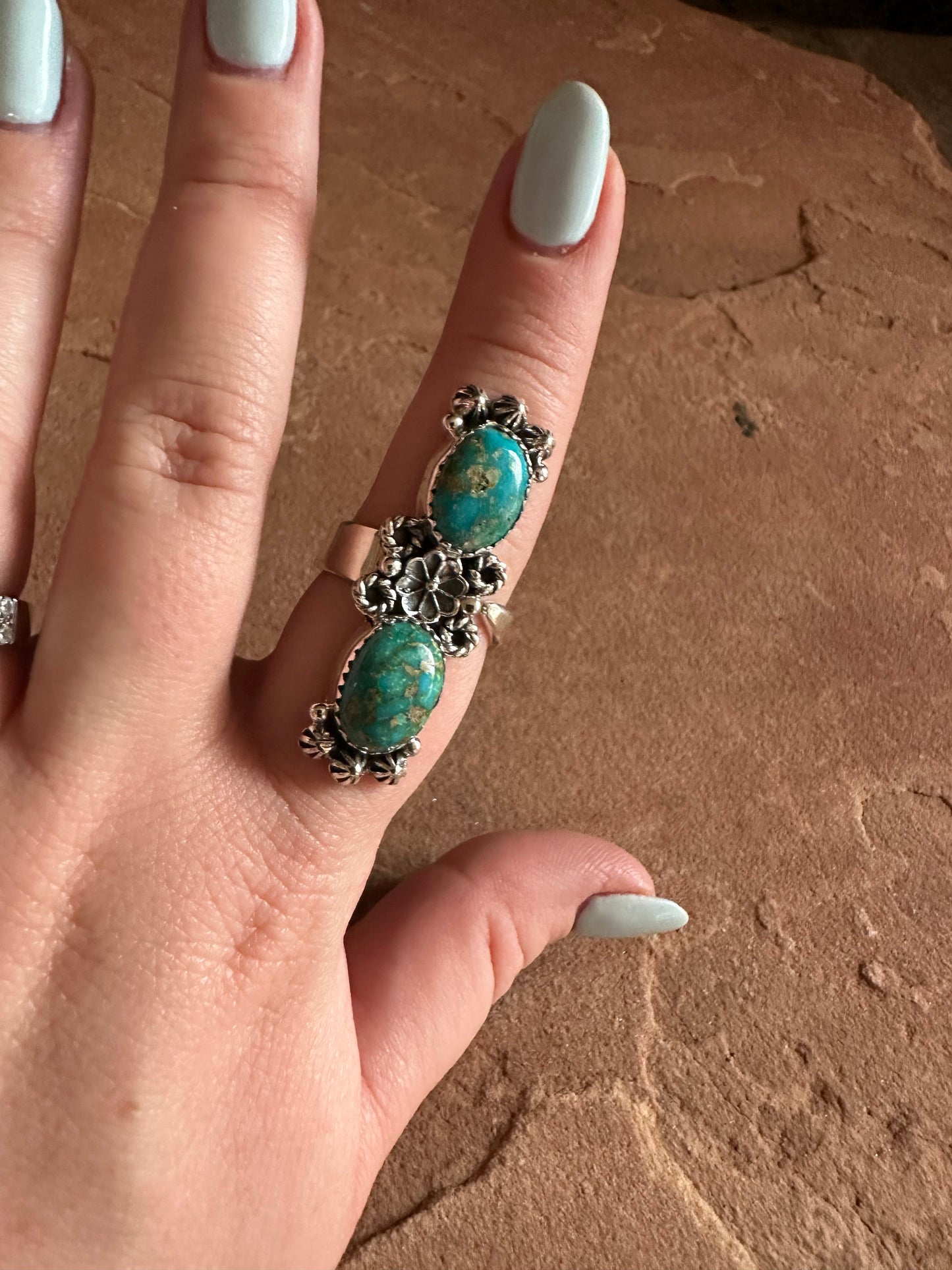 Beautiful Handmade Turquoise And Sterling Silver Adjustable Flower Ring