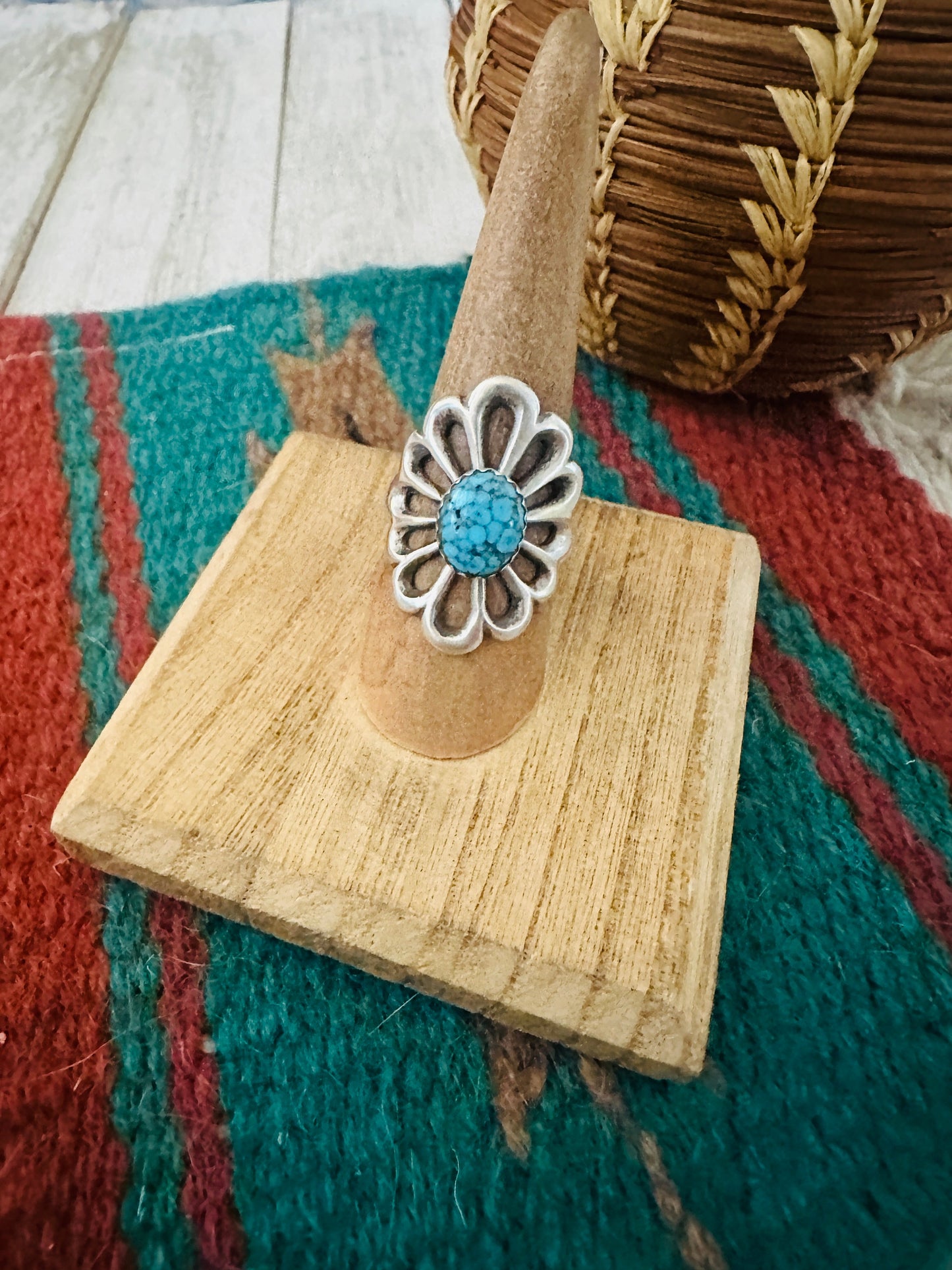 Navajo Sterling Silver & Kingman Turquoise Flower Ring