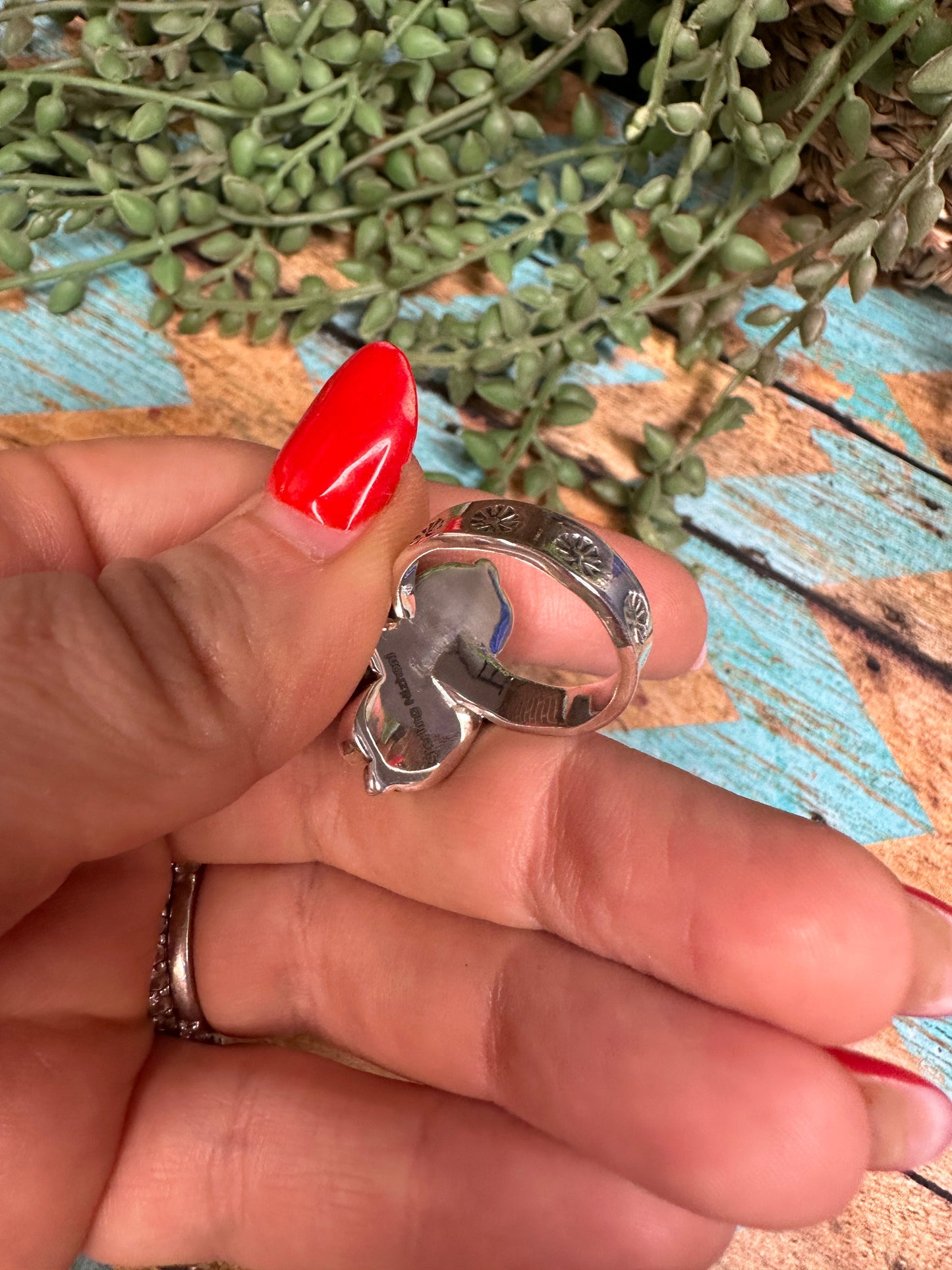 Beautiful Handmade Sonoran Mountain Turquoise And Sterling Silver Adjustable 2 Stone Flower Ring