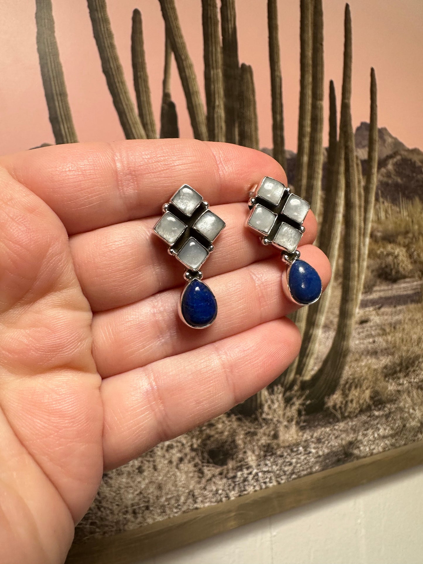 Handmade Lapis, Mother of Pearl and Sterling Silver Post Earrings Signed Nizhoni