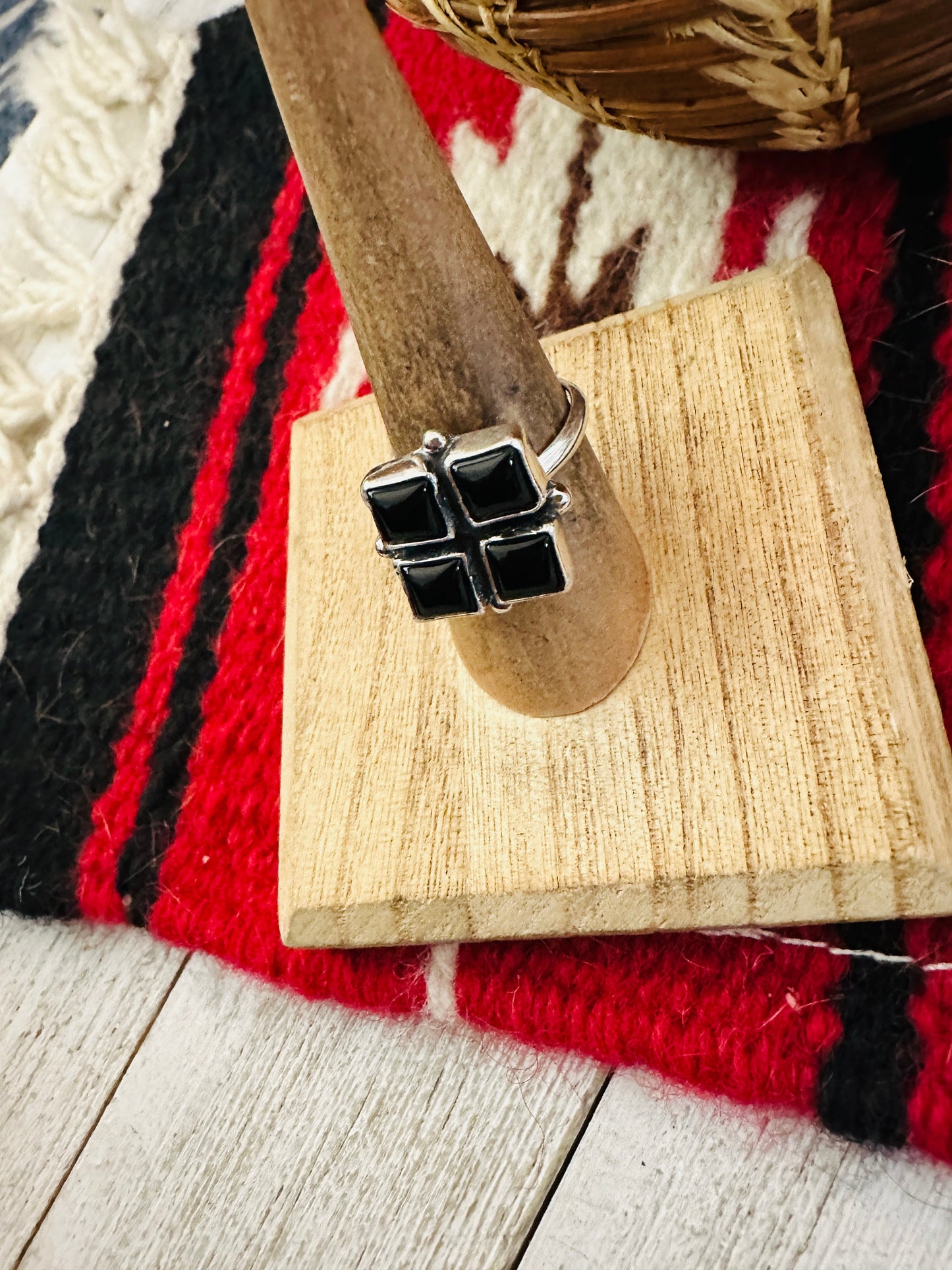 Navajo Sterling Silver & Black Onyx Cluster Adjustable Ring