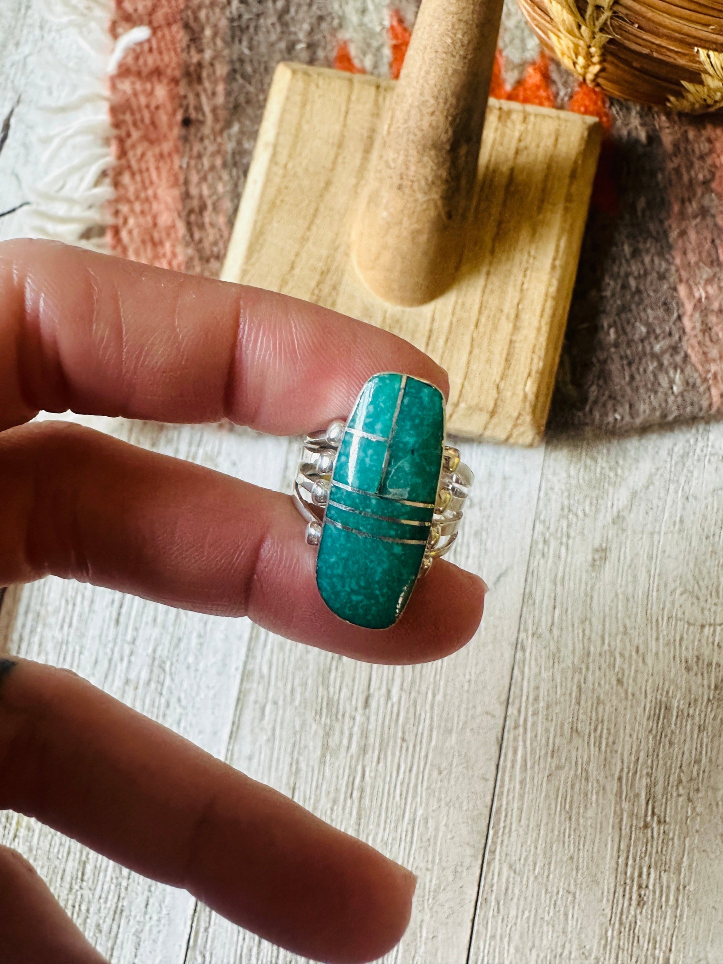 Navajo Turquoise & Sterling Silver Inlay Ring Size 6