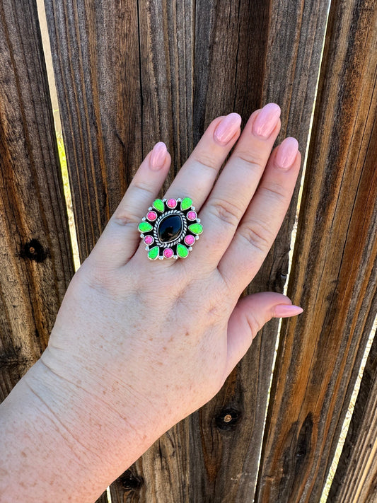 “Electric Glow” Black Onyx & Fire Opal & Sterling Silver Handmade Adjustable Ring