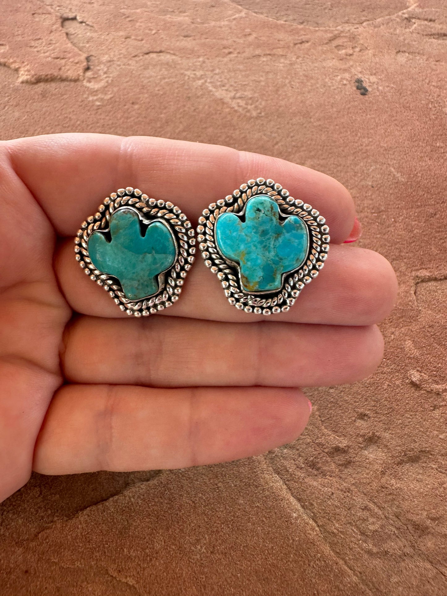 Cactus Cuties Handmade Sterling Silver & Turquoise Post Cactus Earrings- Blue