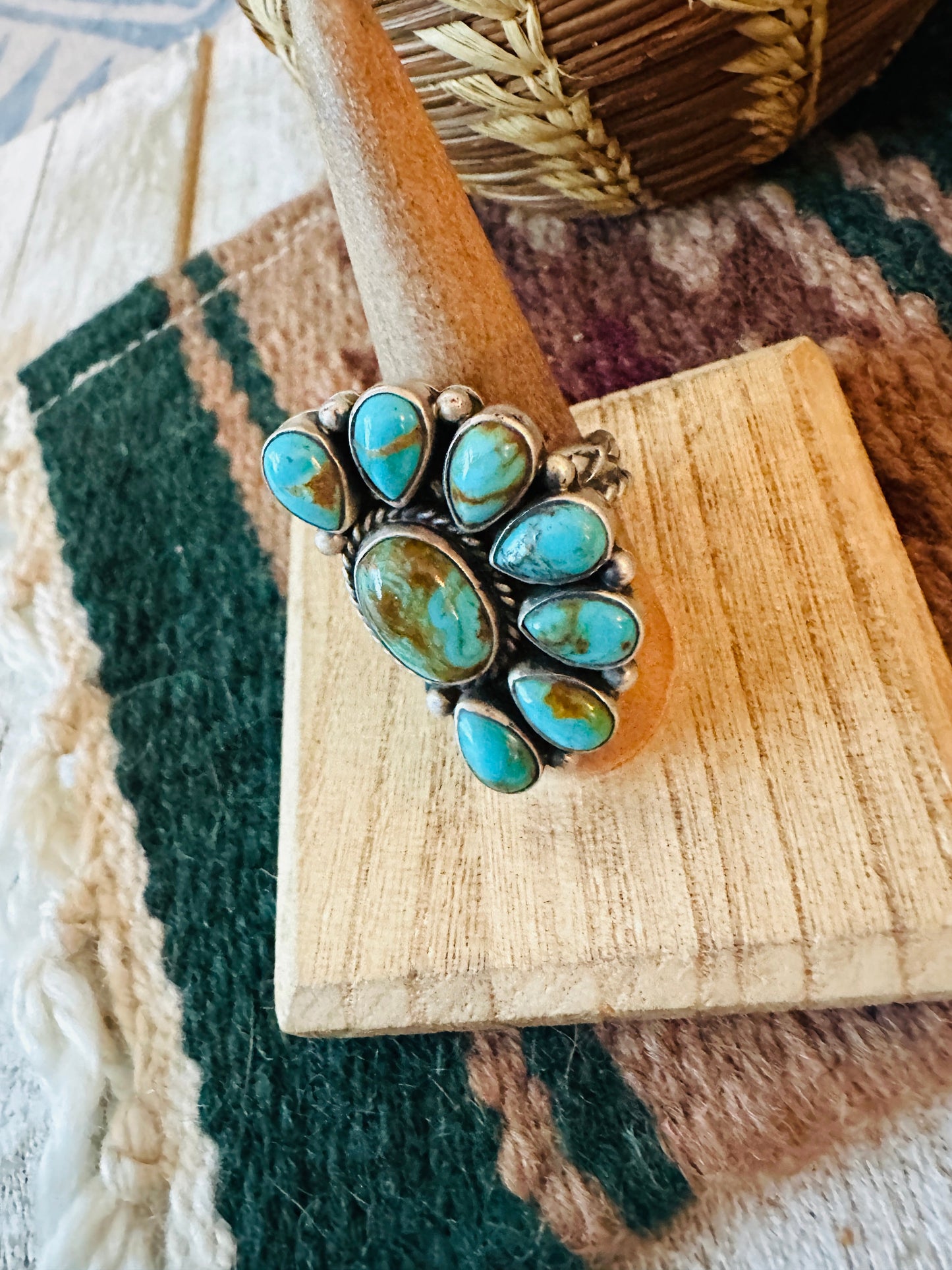 Navajo Turquoise & Sterling Silver Cluster Adjustable Ring