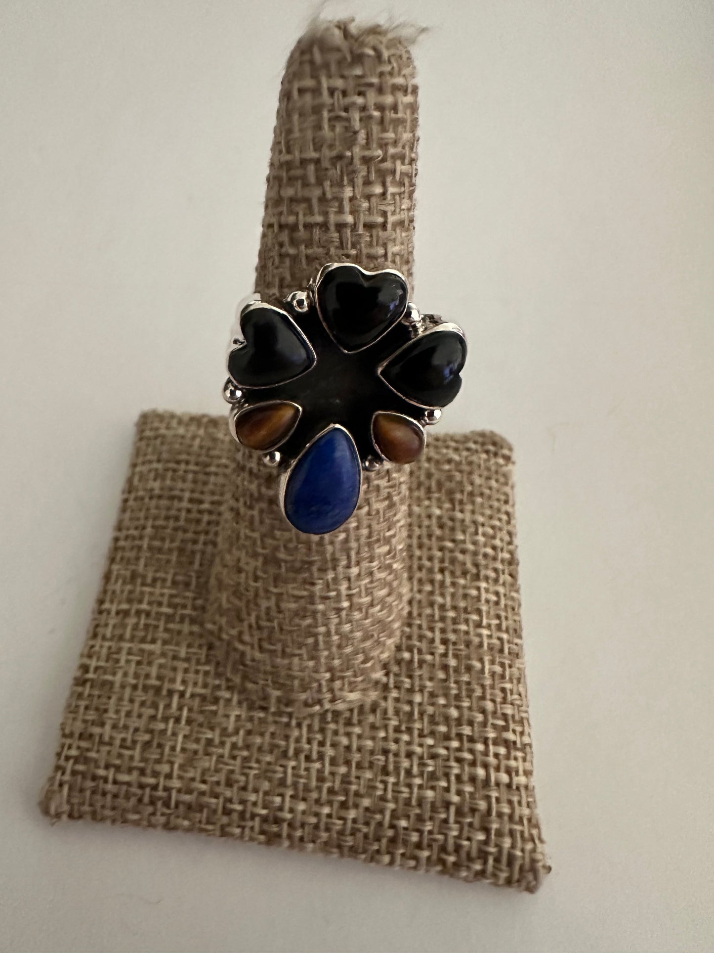 Beautiful Handmade Onyx, Lapis And Sterling Silver Adjustable Ring