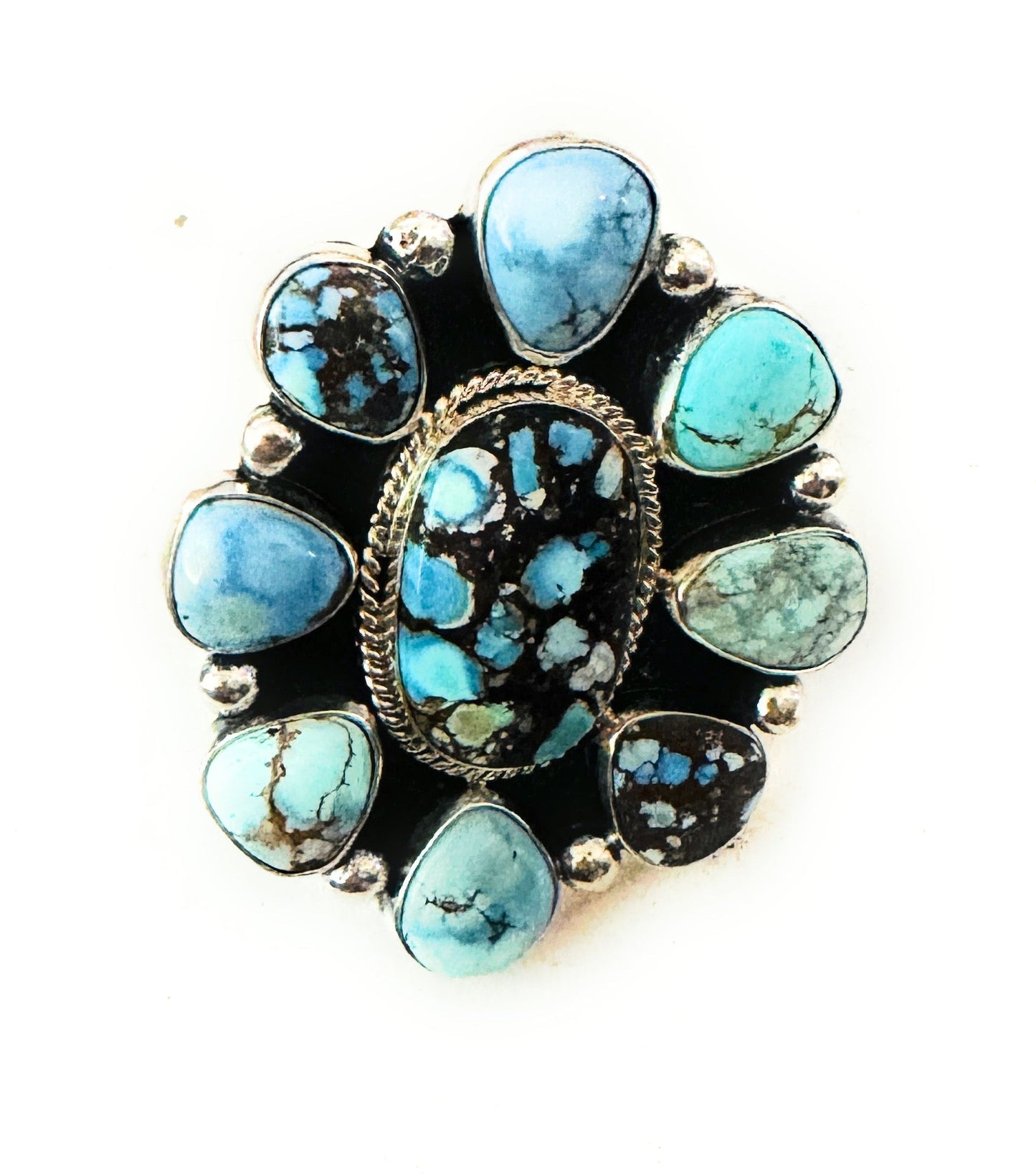 Navajo Sterling Silver & Golden Hills Turquoise Cluster Adjustable Ring