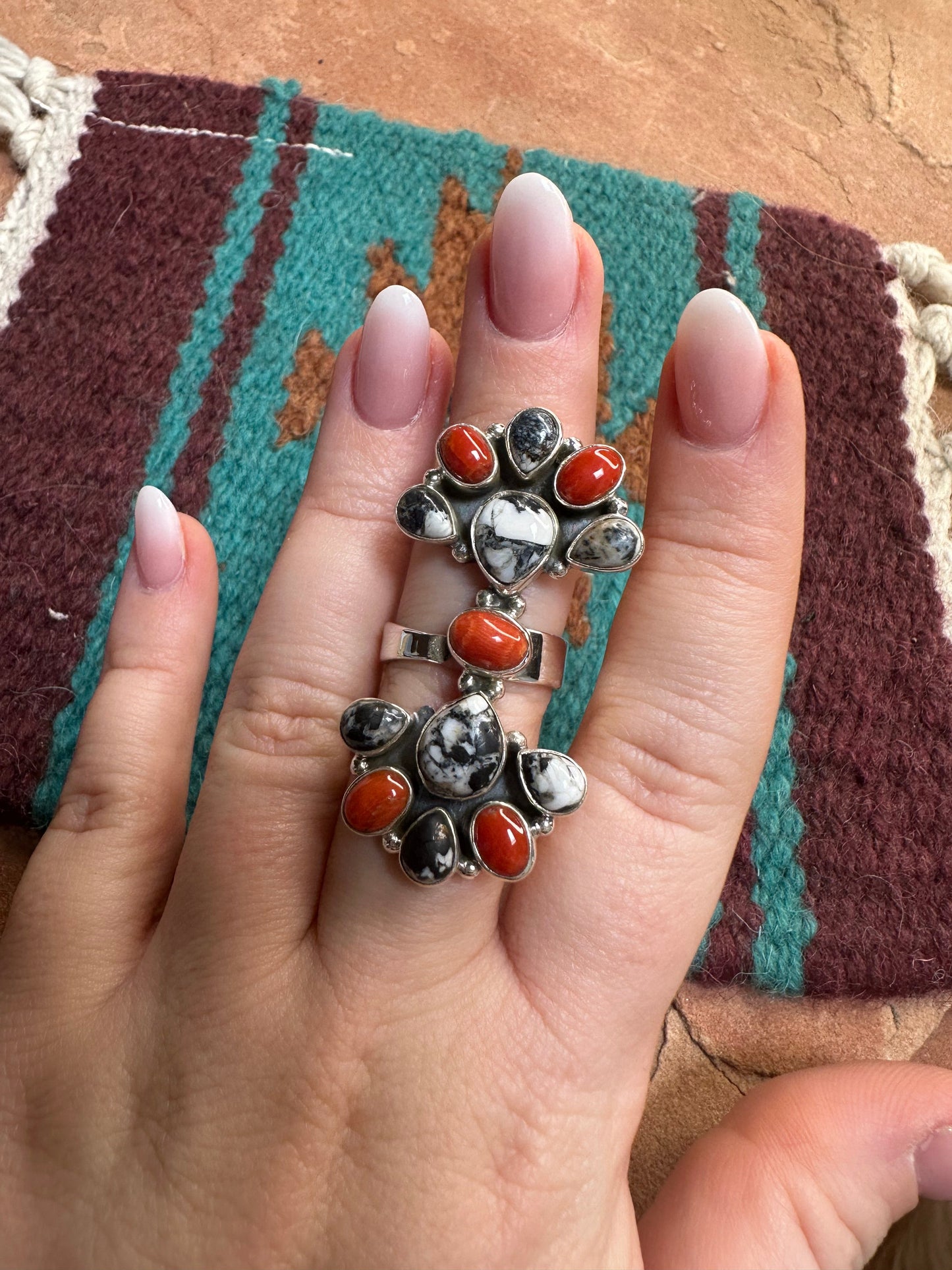 Handmade Coral, White Buffalo & Sterling Silver Adjustable Ring Signed Nizhoni