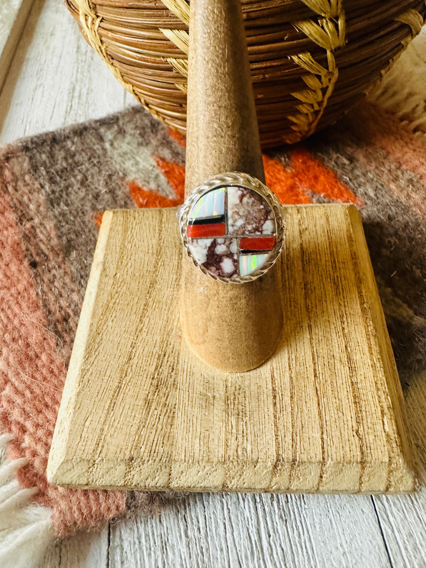 Navajo Sterling Silver & Multi Stone Inlay Ring Size 6