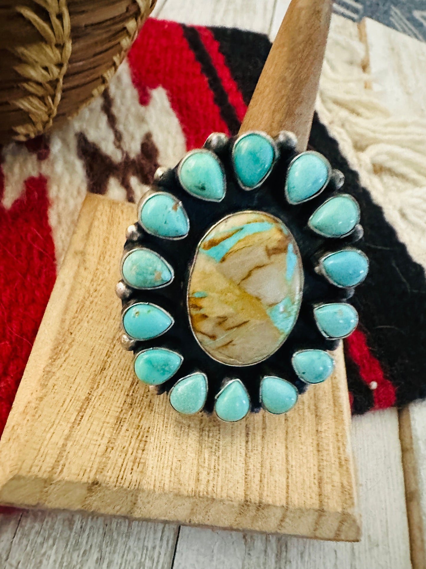 Navajo Ribbon Turquoise & Sterling Silver Cluster Ring Size 8