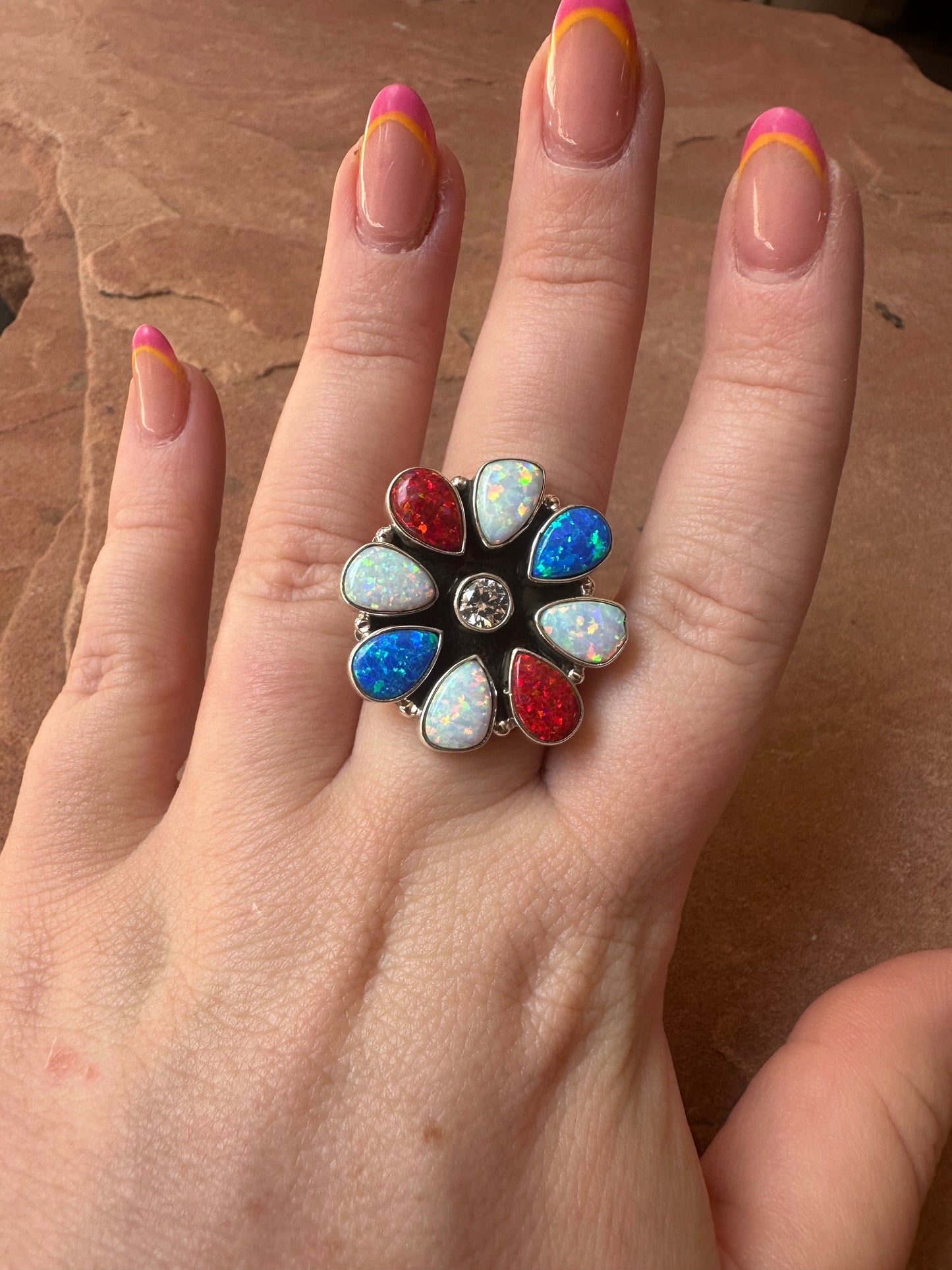 4TH OF JULY COLLECTION Handmade Red, White & Blue Fire Opal & Sterling Silver Adjustable Ring Signed Nizhoni