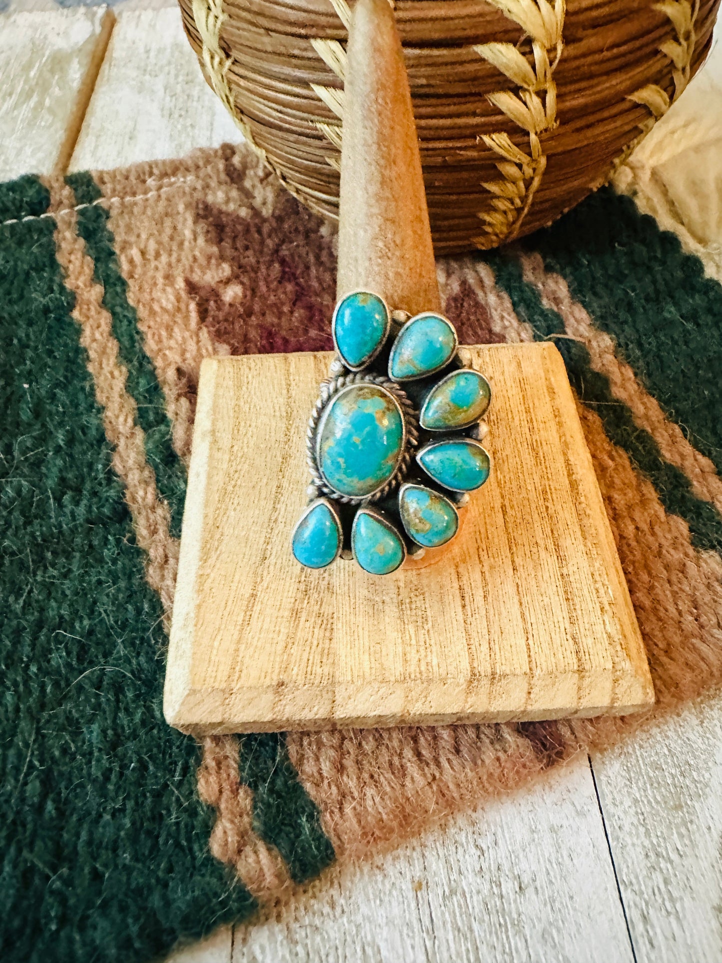 Navajo Turquoise & Sterling Silver Cluster Adjustable Ring