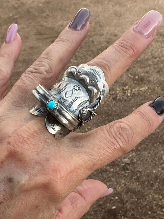 Navajo Tim Yazzie Sterling Silver and Turquoise Saddle Ring