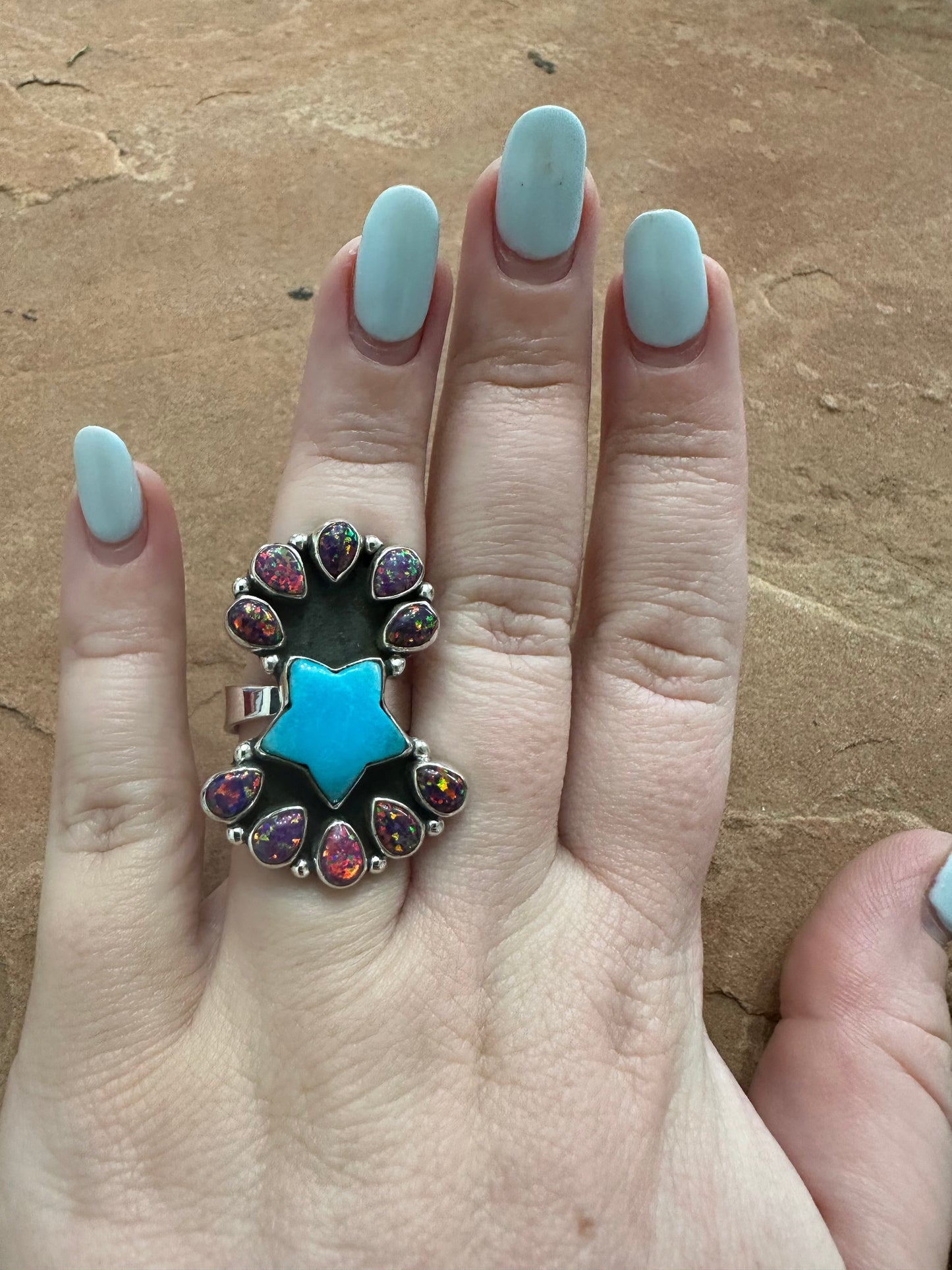 Beautiful Handmade Turquoise, Fire Opal And Sterling Silver Adjustable Star Ring