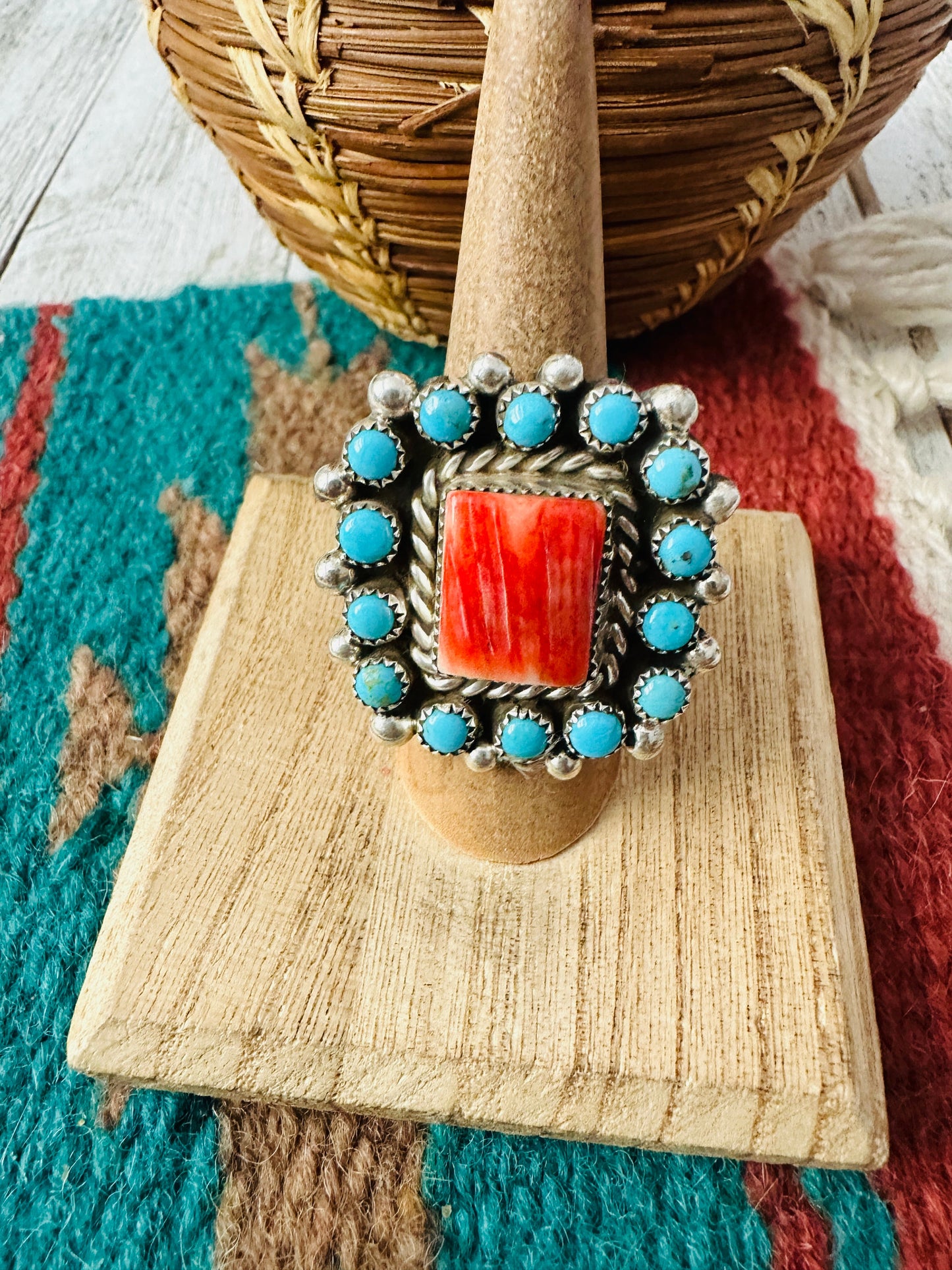 Navajo Sterling Silver, Spiny & Turquoise Cluster Adjustable Ring