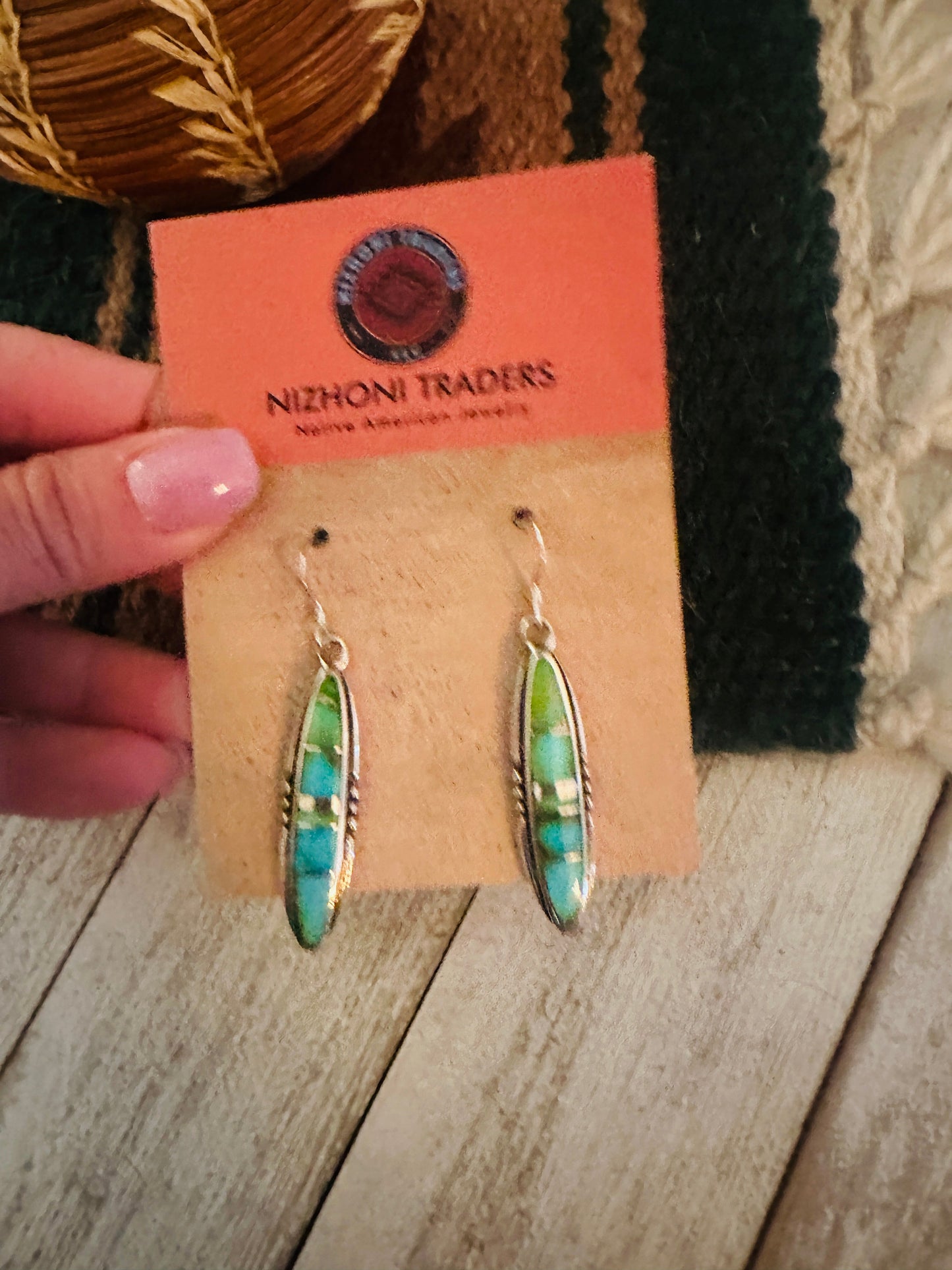 Navajo Sonoran Gold Turquoise And Sterling Silver Inlay Dangle Earrings