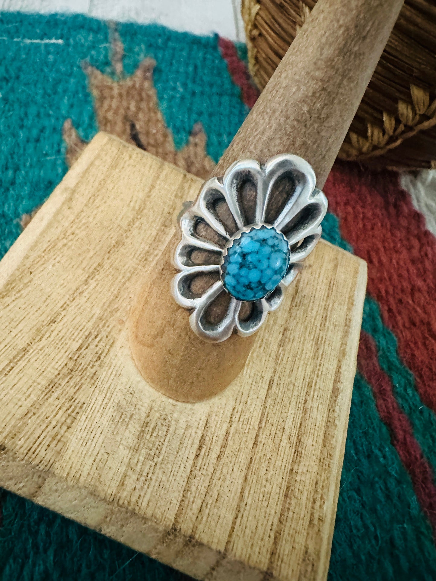 Navajo Sterling Silver & Kingman Turquoise Flower Ring