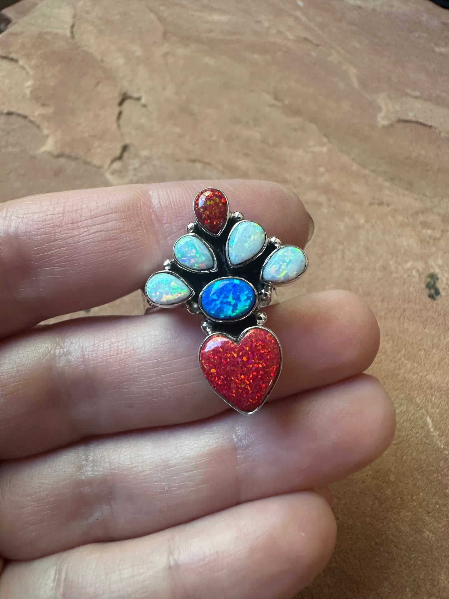 4TH OF JULY COLLECTION Handmade Red, White & Blue Fire Opal & Sterling Silver Adjustable Ring Signed Nizhoni