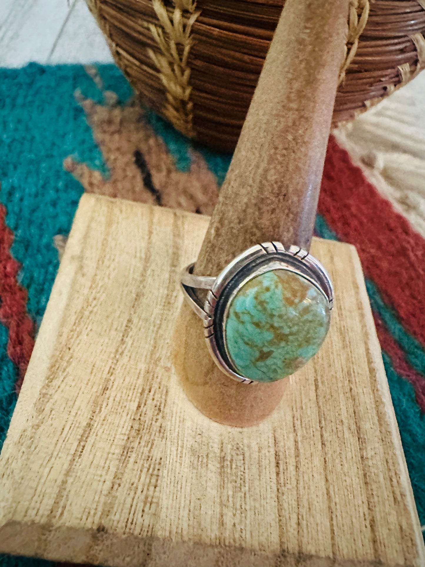 Navajo Turquoise & Sterling Silver Shadowbox Ring Size 8.75