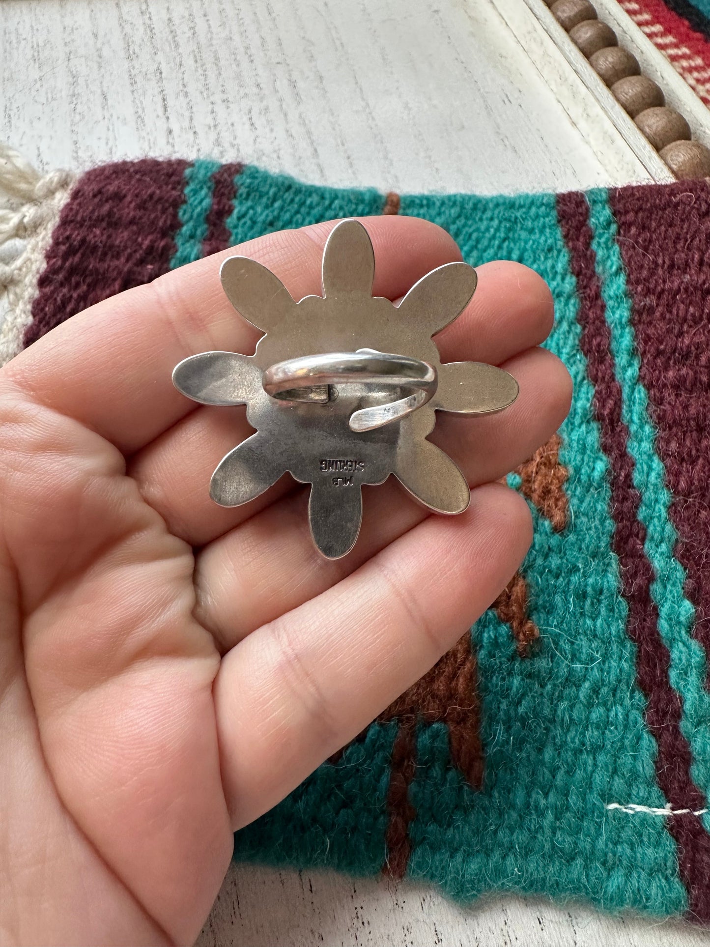 “Pink Blossom” Gorgeous Navajo Turquoise, Pink Conch And Sterling Silver Adjustable Flower Ring Signed