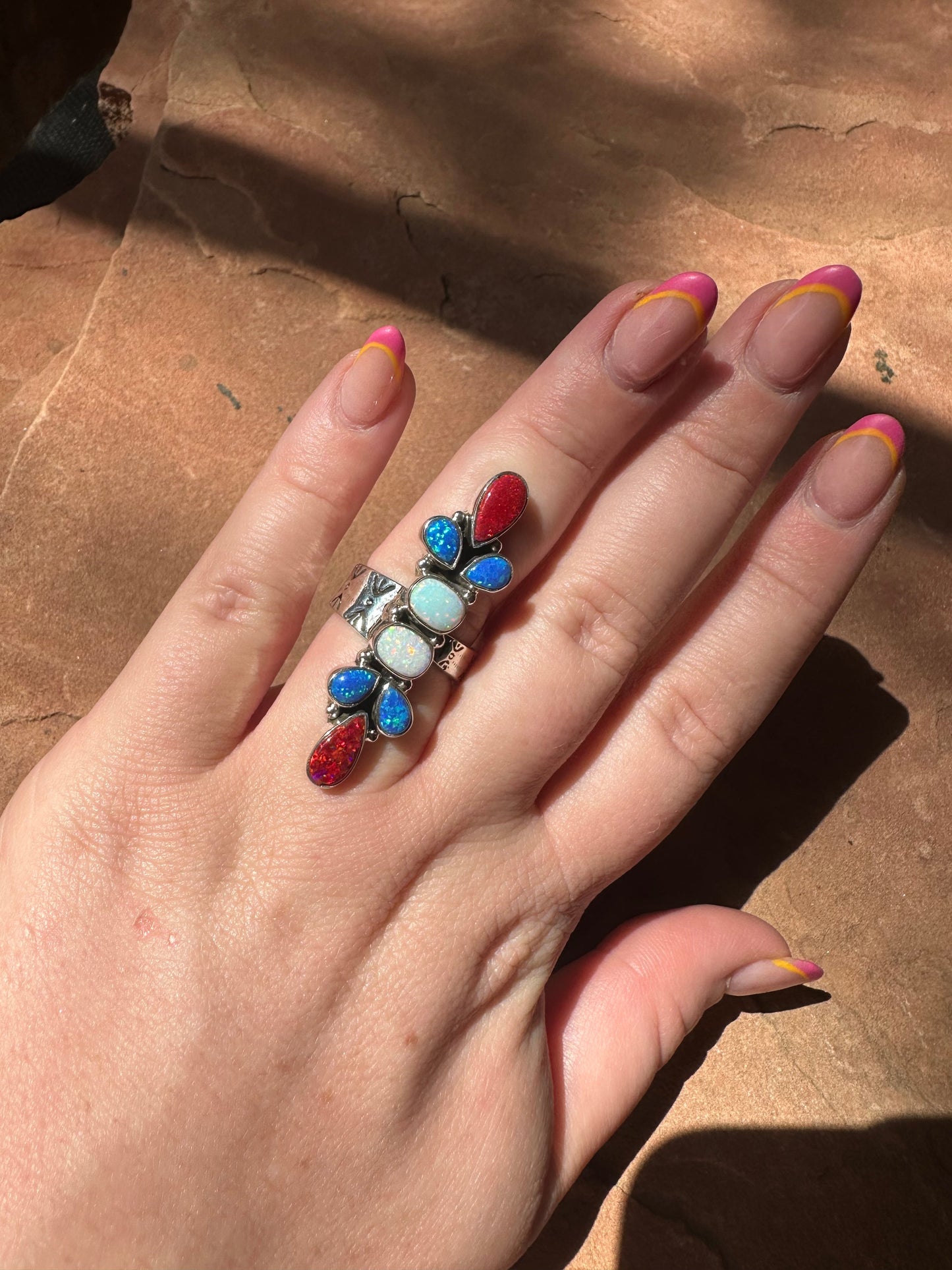 4TH OF JULY COLLECTION Handmade Red, White & Blue Fire Opal & Sterling Silver Adjustable Ring Signed Nizhoni