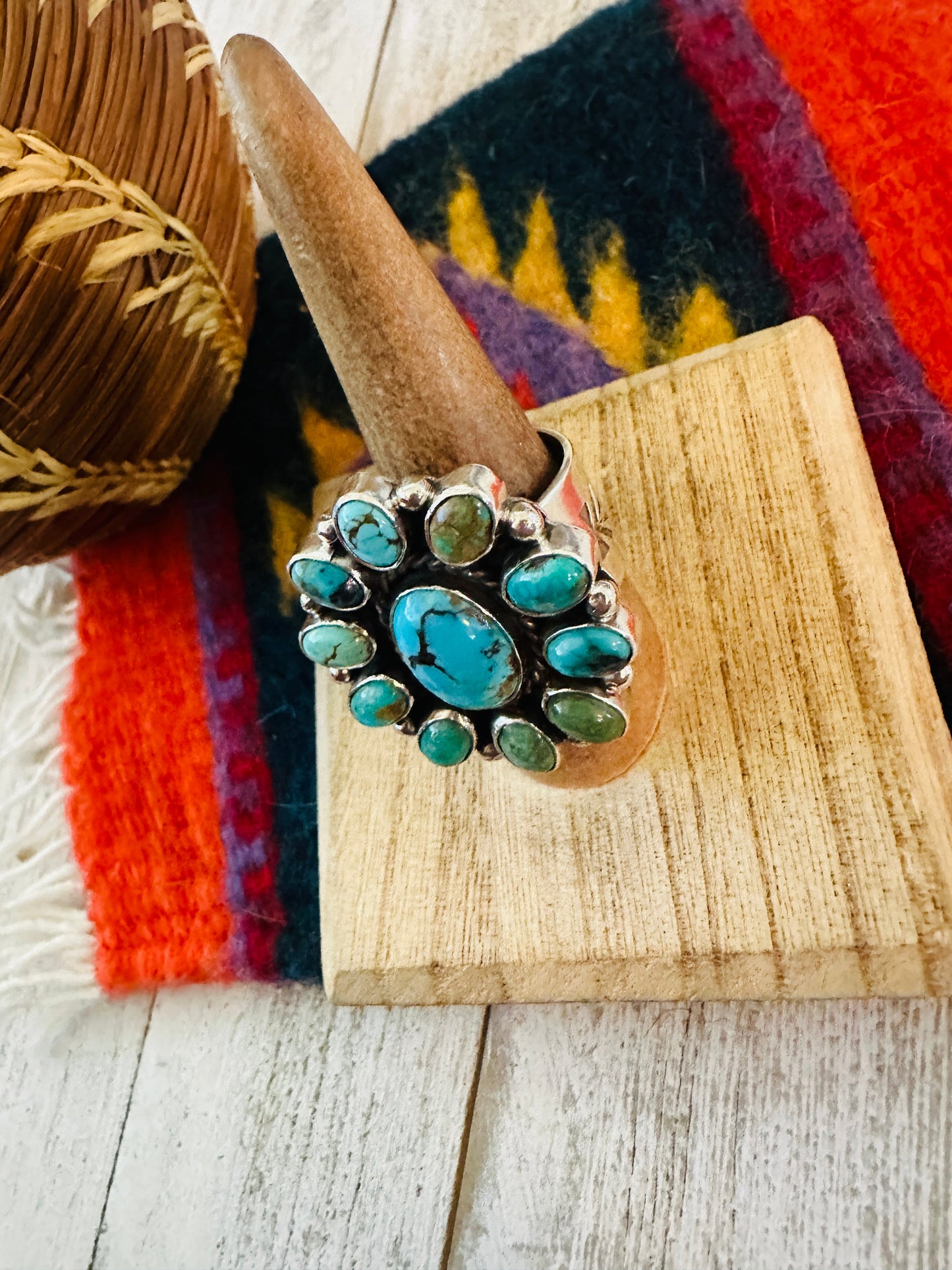 Navajo Sterling Silver & Turquoise Cluster Adjustable Ring