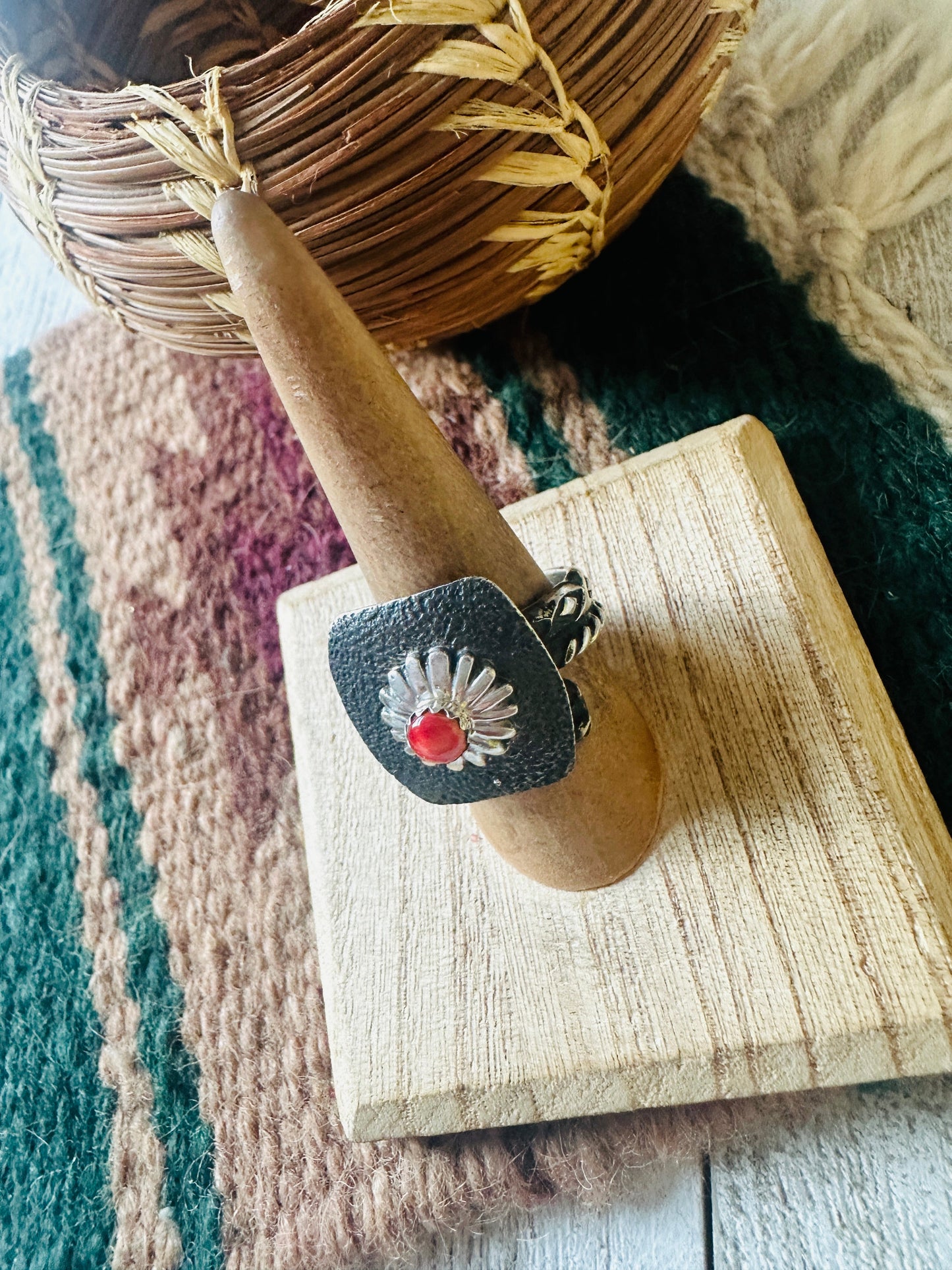 Navajo Sterling Silver & Red Spiny Concho Adjustable Ring